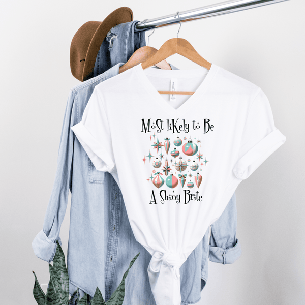 Mid Century Modern Christmas T-Shirt, Most Likely To Be A Star Brite Ornaments, Unisex Jersey Short Sleeve V-Neck Tee