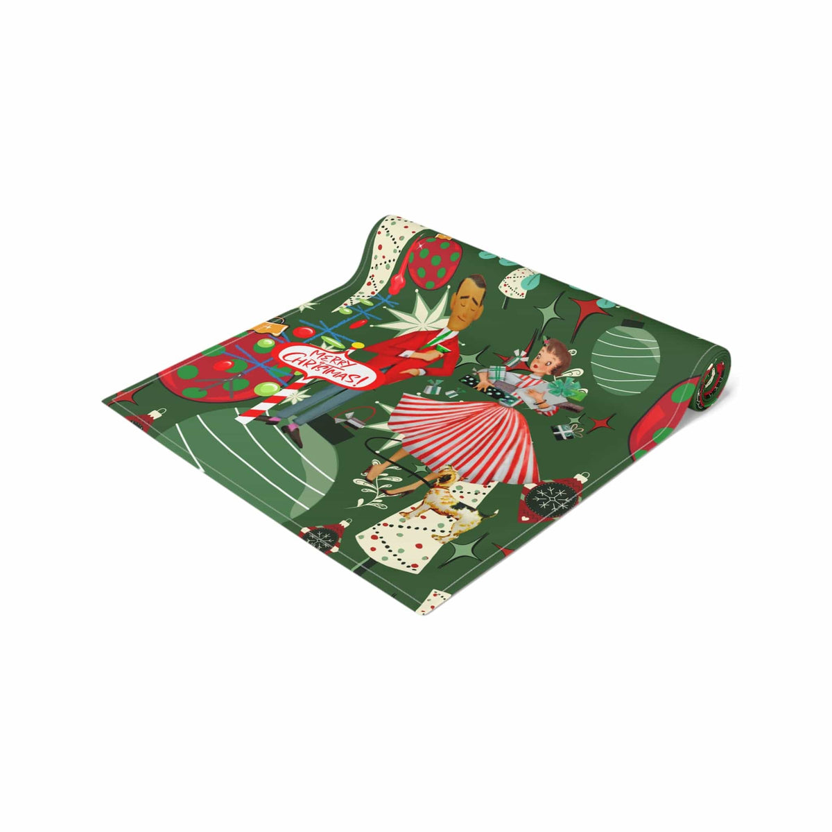 Mid Century Modern Christmas Table Runner, Kitschy 50's Retro Couple, Green, Red, Starbursts MCM Retro Christmas Table Runner Home Decor