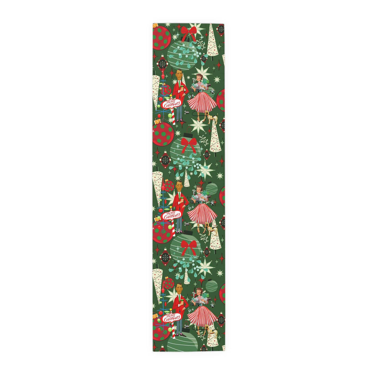Mid Century Modern Christmas Table Runner, Kitschy 50's Retro Couple, Green, Red, Starbursts MCM Retro Christmas Table Runner Home Decor