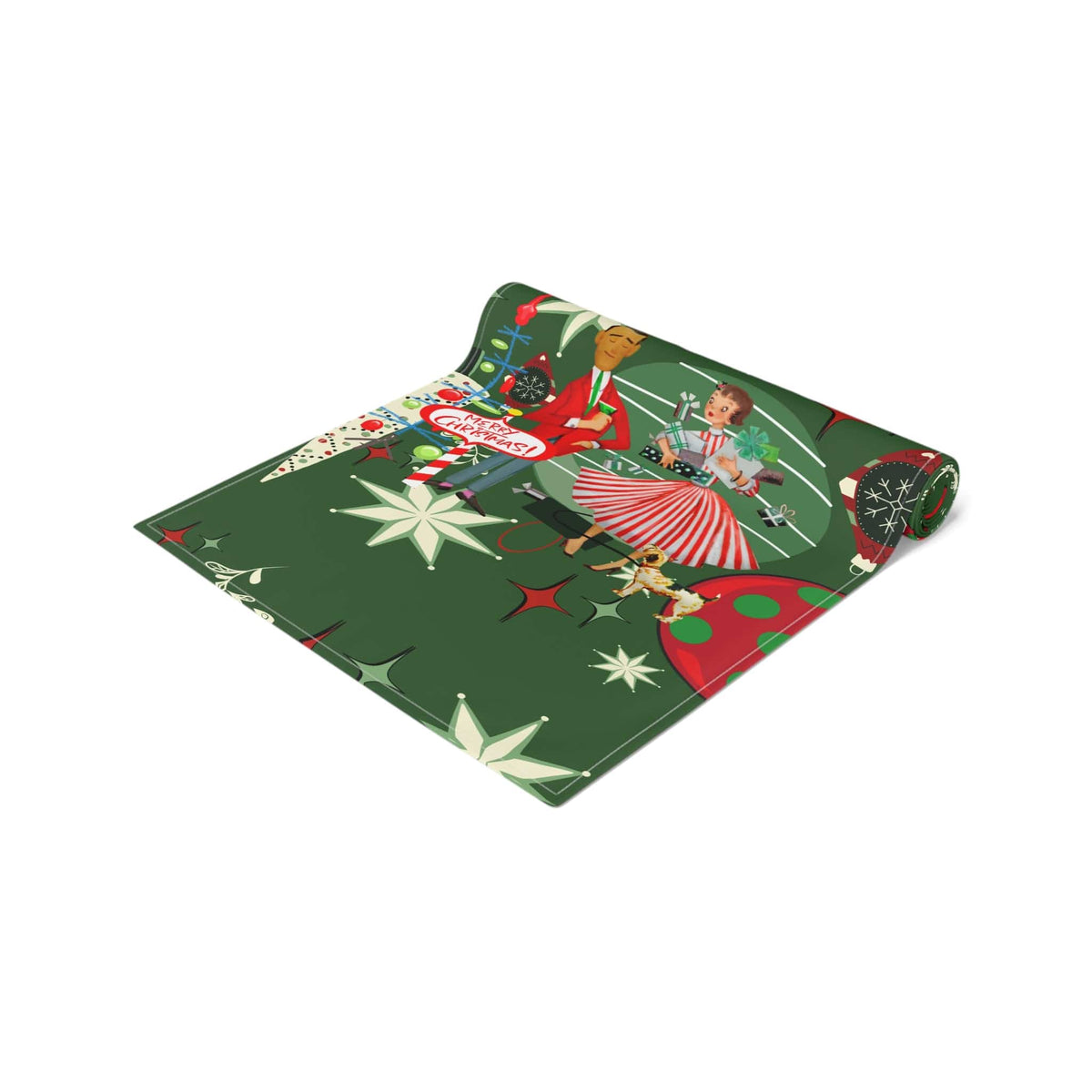 Mid Century Modern Christmas Table Runner, Kitschy 50's Retro Couple, Green, Red, Starbursts MCM Retro Christmas Table Runner Home Decor