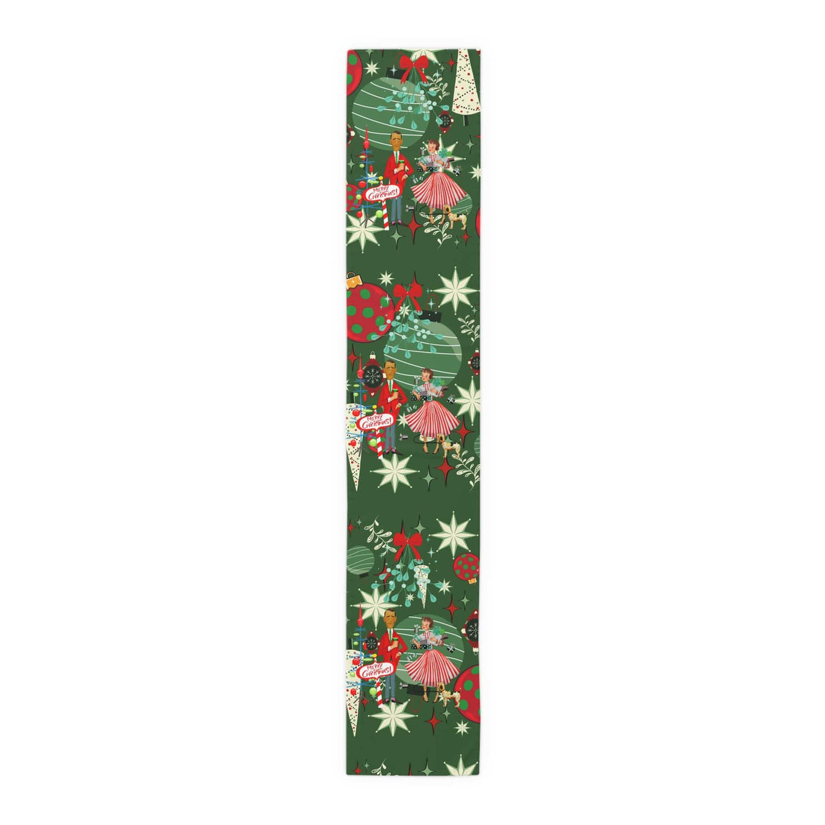 Mid Century Modern Christmas Table Runner, Kitschy 50's Retro Couple, Green, Red, Starbursts MCM Retro Christmas Table Runner Home Decor