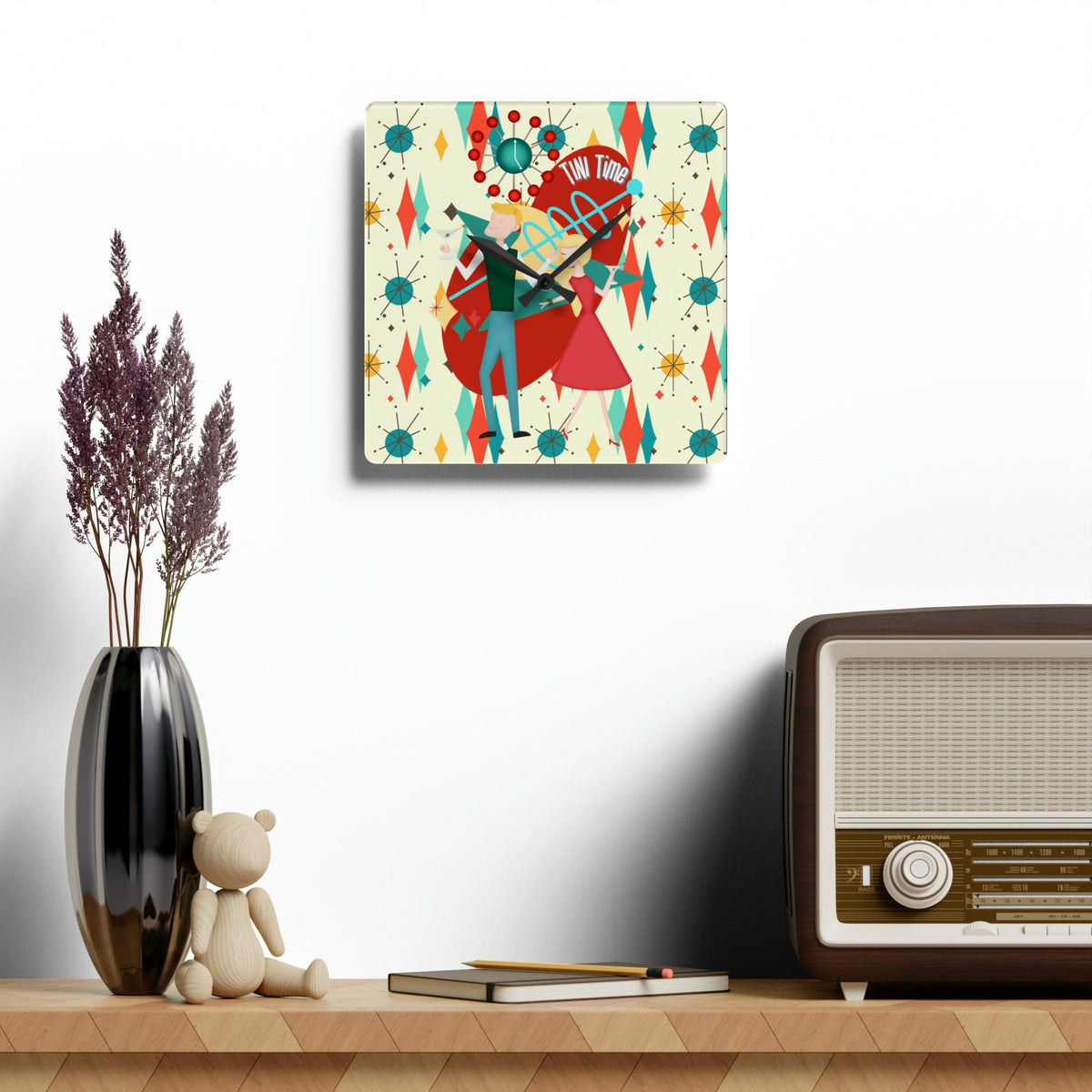 Mid Century Modern Clock, Atomic 50's Kitschy Bar Clock, Tini Time, Acrylic Wall Clock Home Decor