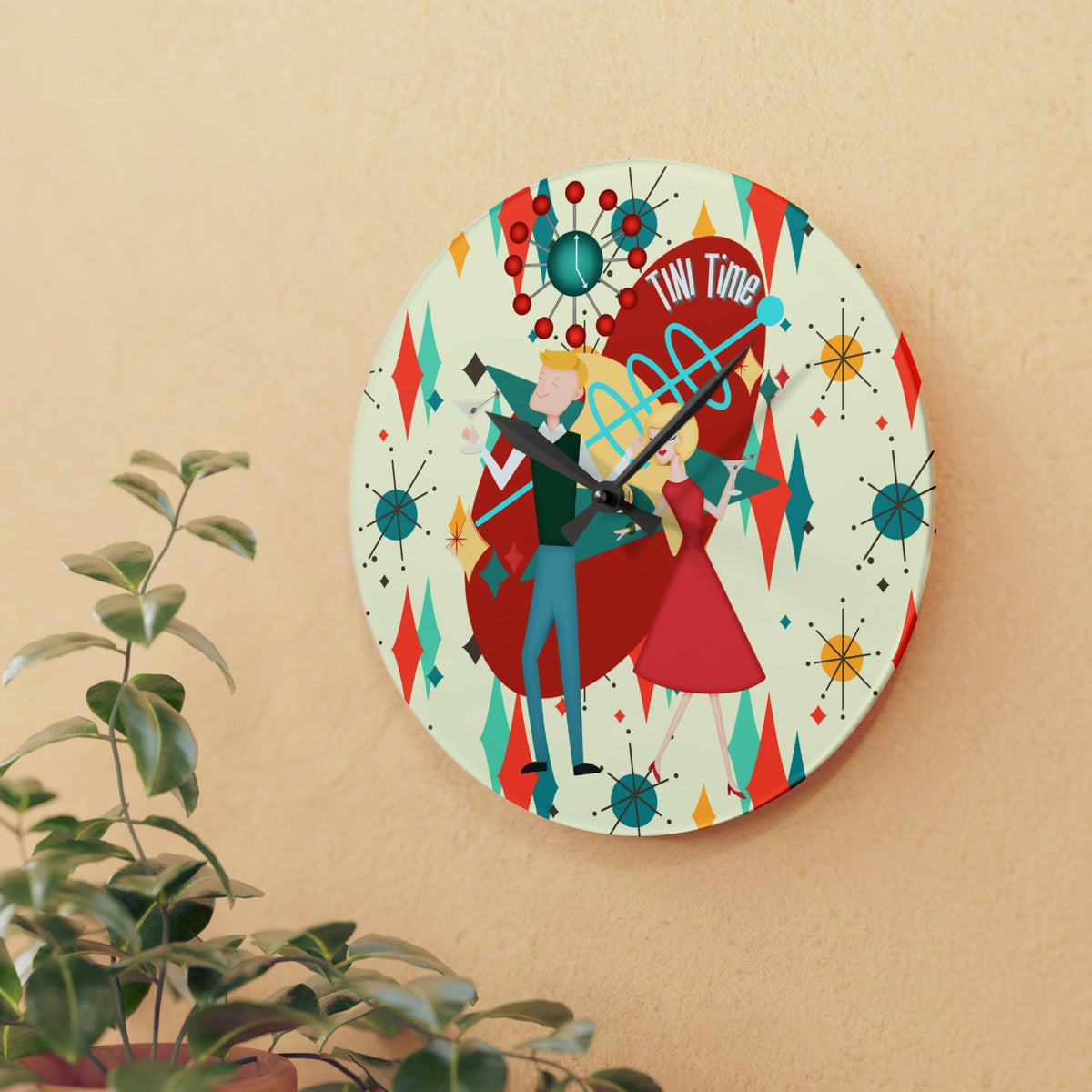 Mid Century Modern Clock, Atomic 50's Kitschy Bar Clock, Tini Time, Acrylic Wall Clock Home Decor