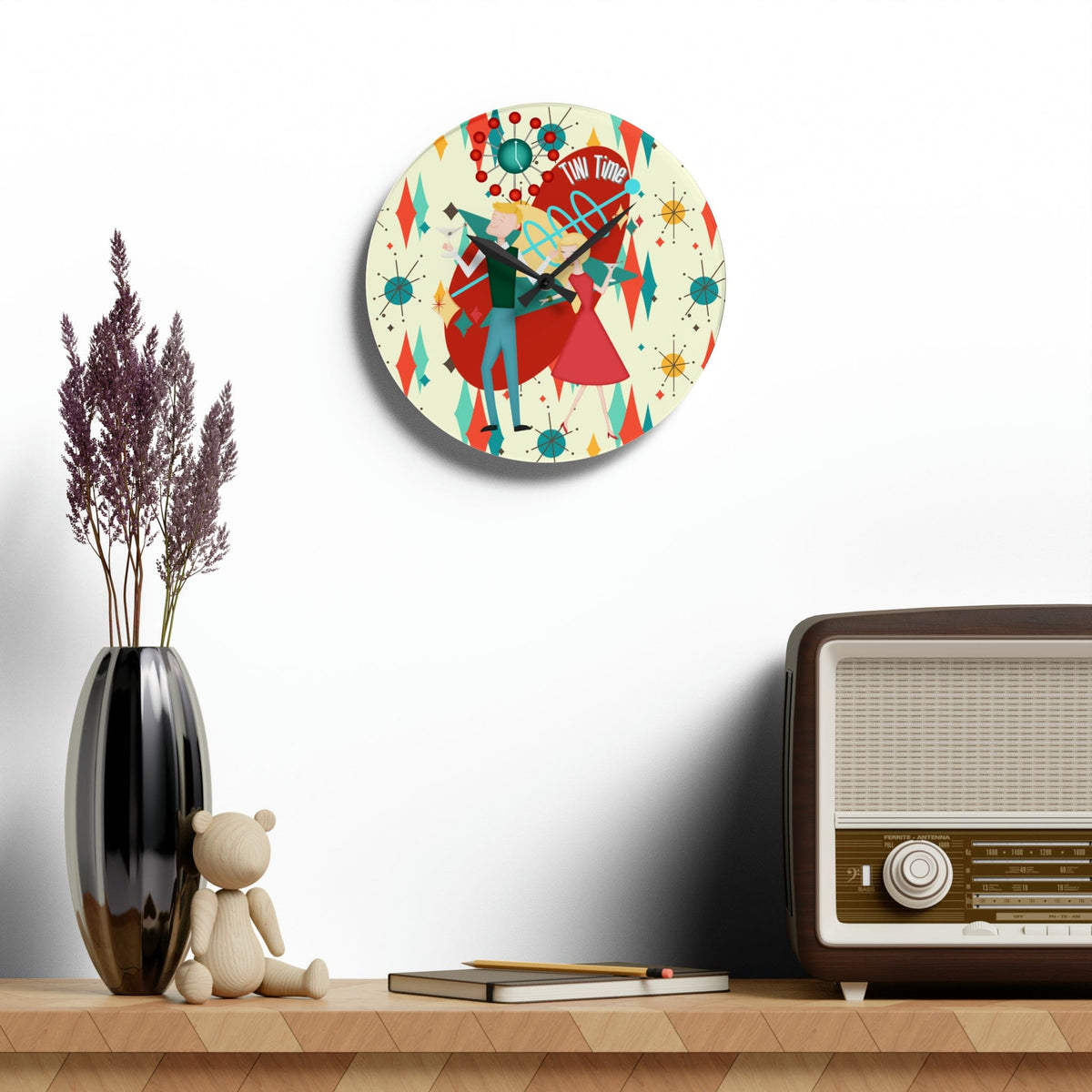 Mid Century Modern Clock, Atomic 50's Kitschy Bar Clock, Tini Time, Acrylic Wall Clock Home Decor