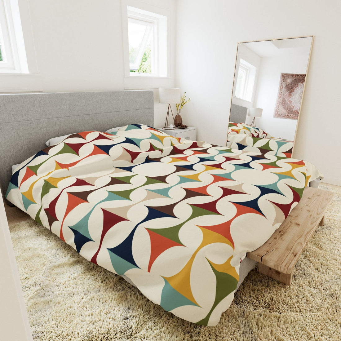 Mid Century Modern Comforter, Retro Scandinavian Modern Danish Geometric Design, Green, Brown, Beige, Yellow, Teal, MCM Home Decor Home Decor