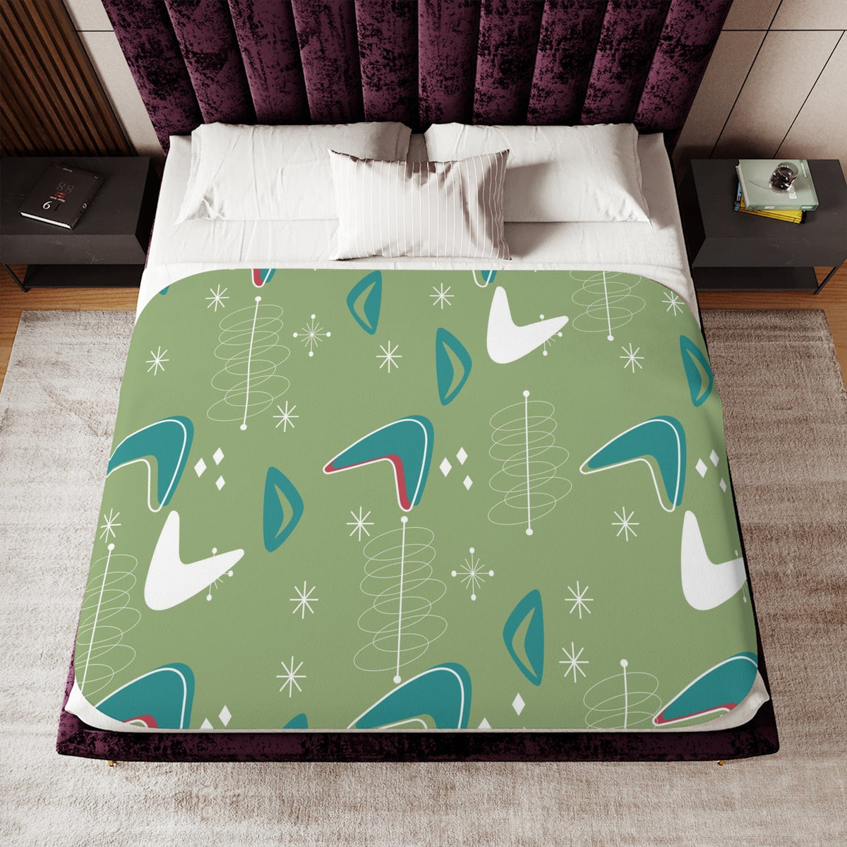 Mid Century Modern Cosmic Designs, Green, Teal, White Boomerang MCM Sherpa Blanket Home Decor