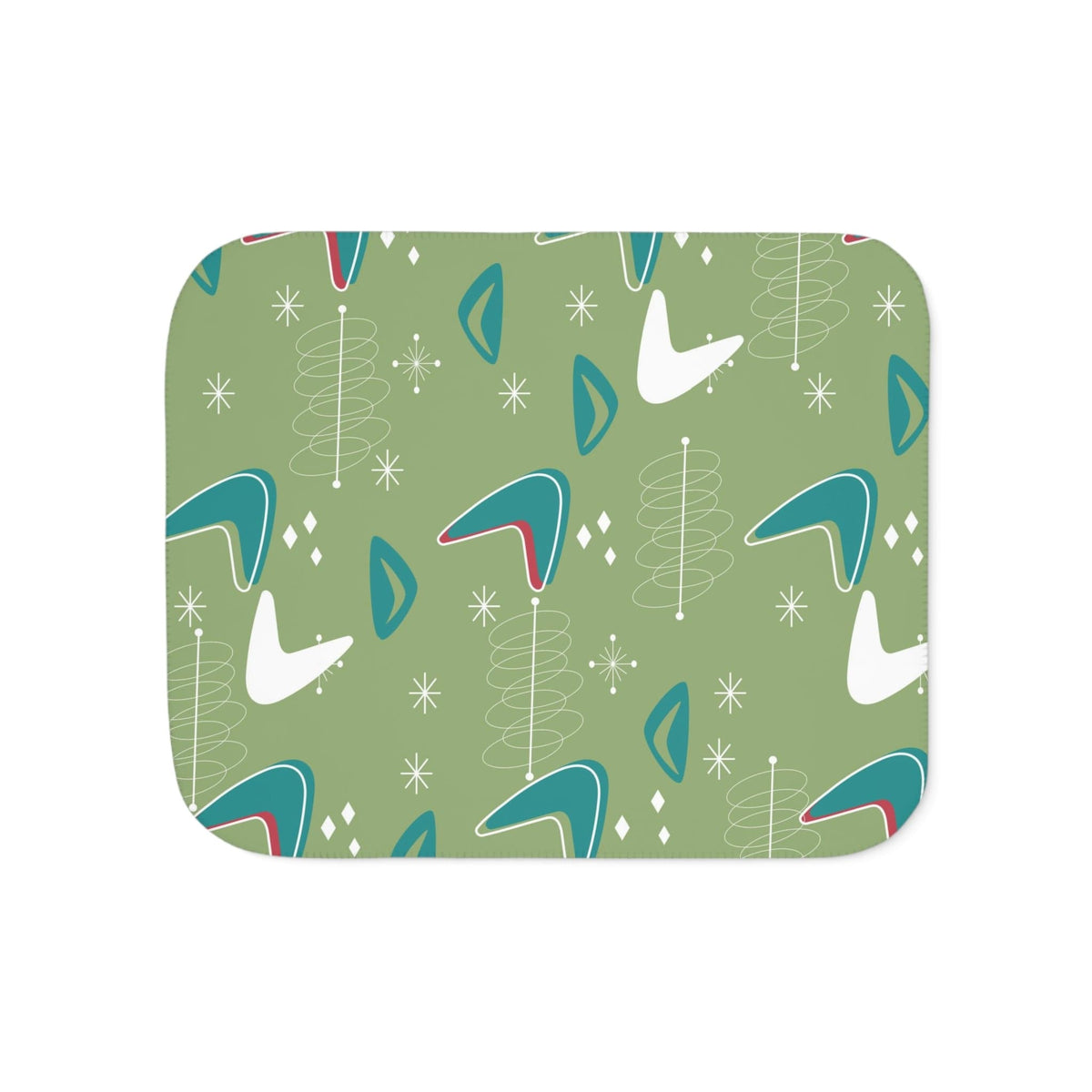 Mid Century Modern Cosmic Designs, Green, Teal, White Boomerang MCM Sherpa Blanket Home Decor