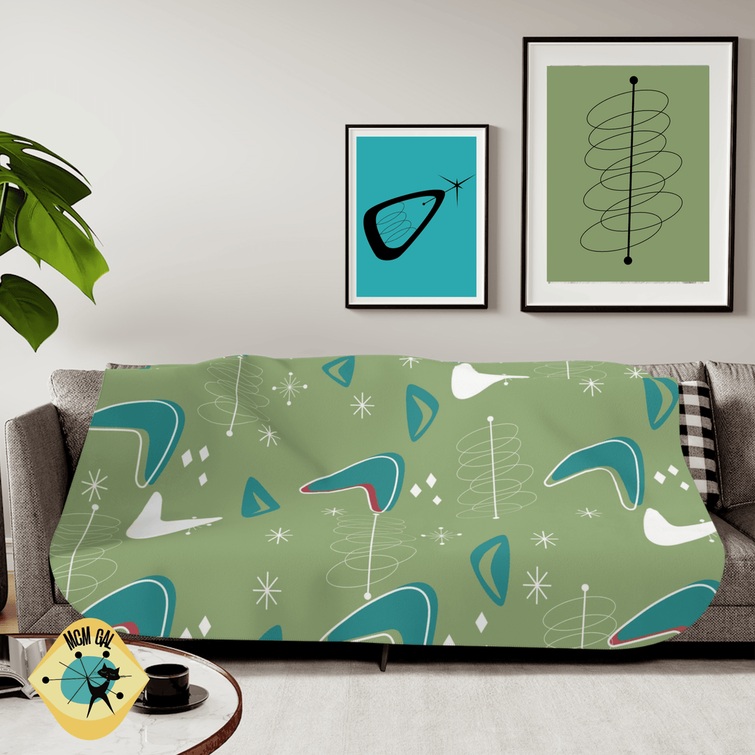 Mid Century Modern Cosmic Designs, Green, Teal, White Boomerang MCM Sherpa Blanket Home Decor