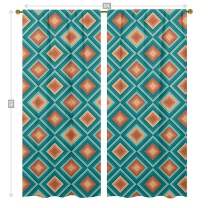 Mid Century Modern Curtains Teal Blue, Orange, Geometric Diamond Pattern, Retro Window Curtains (two panels) Curtains