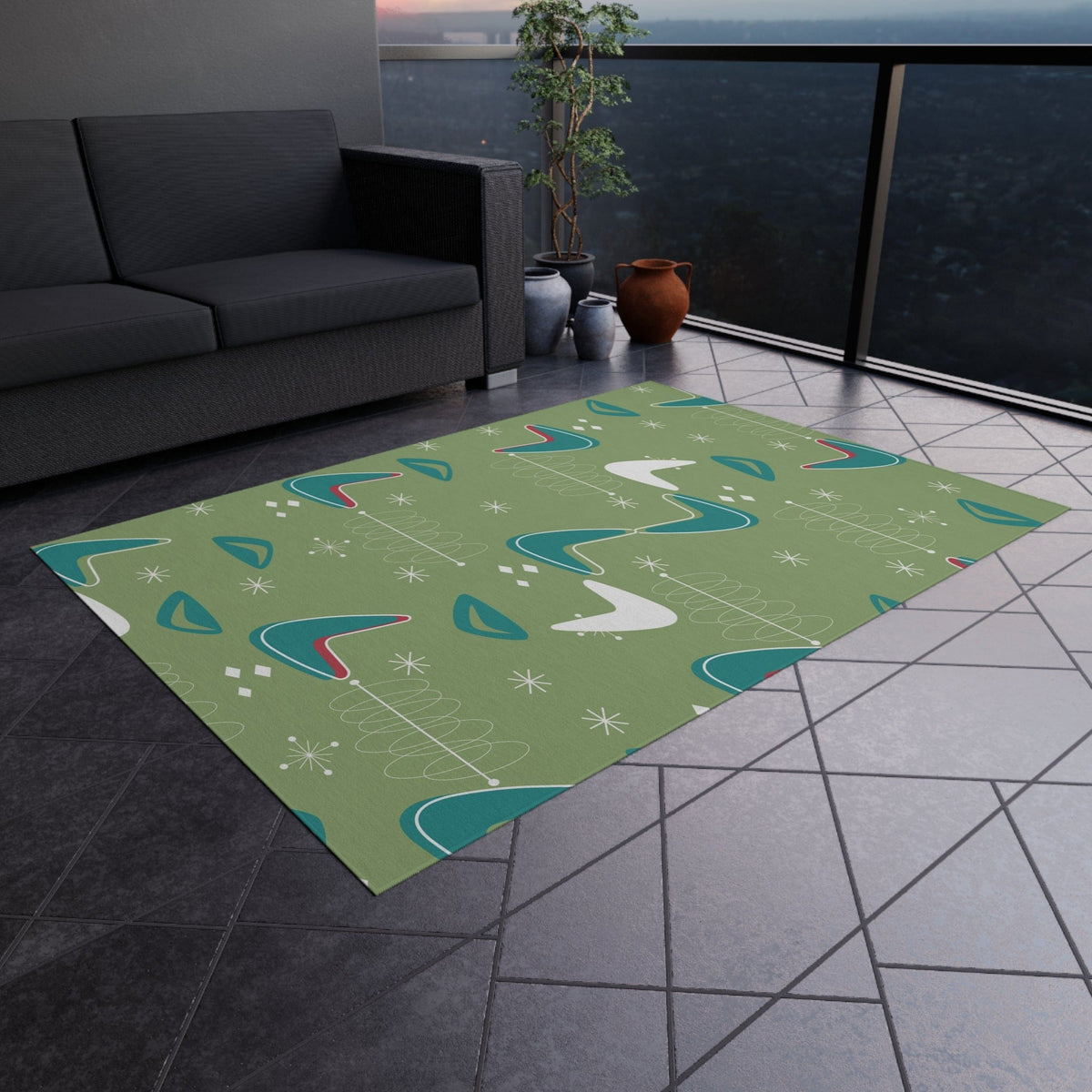 Mid Century Modern Designed, Boomerang Green, Teal, White, Mid Mod Atomic Space Indoor Outdoor Rug Home Decor