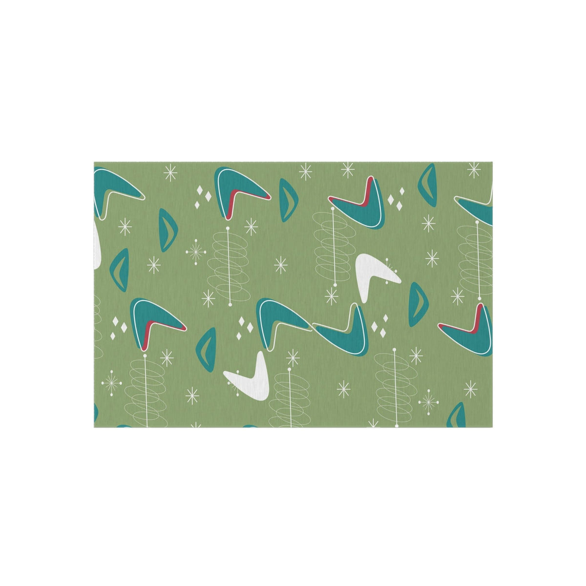 Mid Century Modern Designed, Boomerang Green, Teal, White, Mid Mod Atomic Space Indoor Outdoor Rug Home Decor