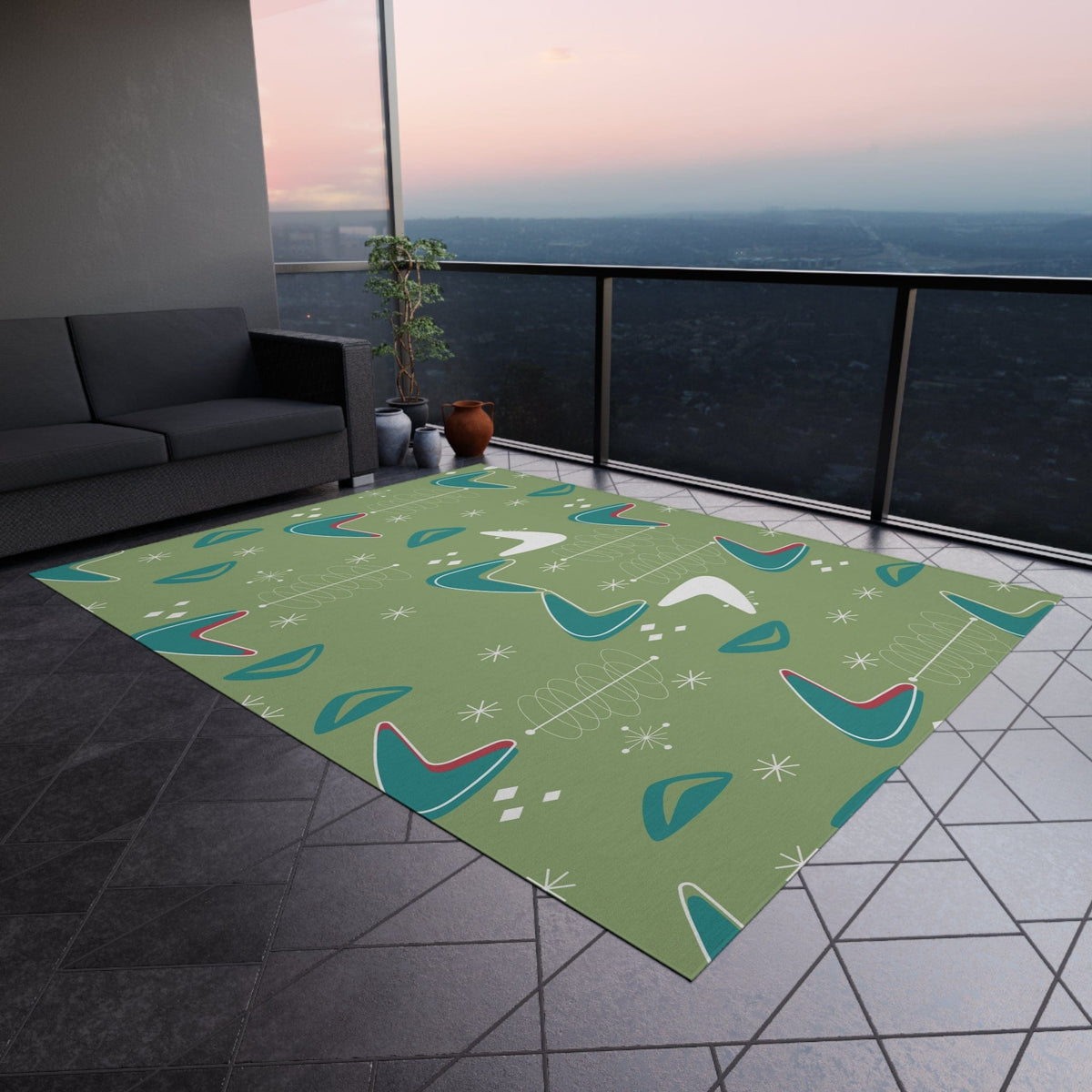 Mid Century Modern Designed, Boomerang Green, Teal, White, Mid Mod Atomic Space Indoor Outdoor Rug Home Decor