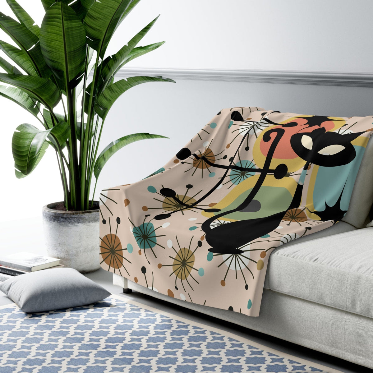 Mid Century Modern Designs, Atomic Cat, Quirky Kitsch, Atomic Starburst, Sputnik Designs, Cozy Blanket Gift For Black Cat Retro Lover Home Decor
