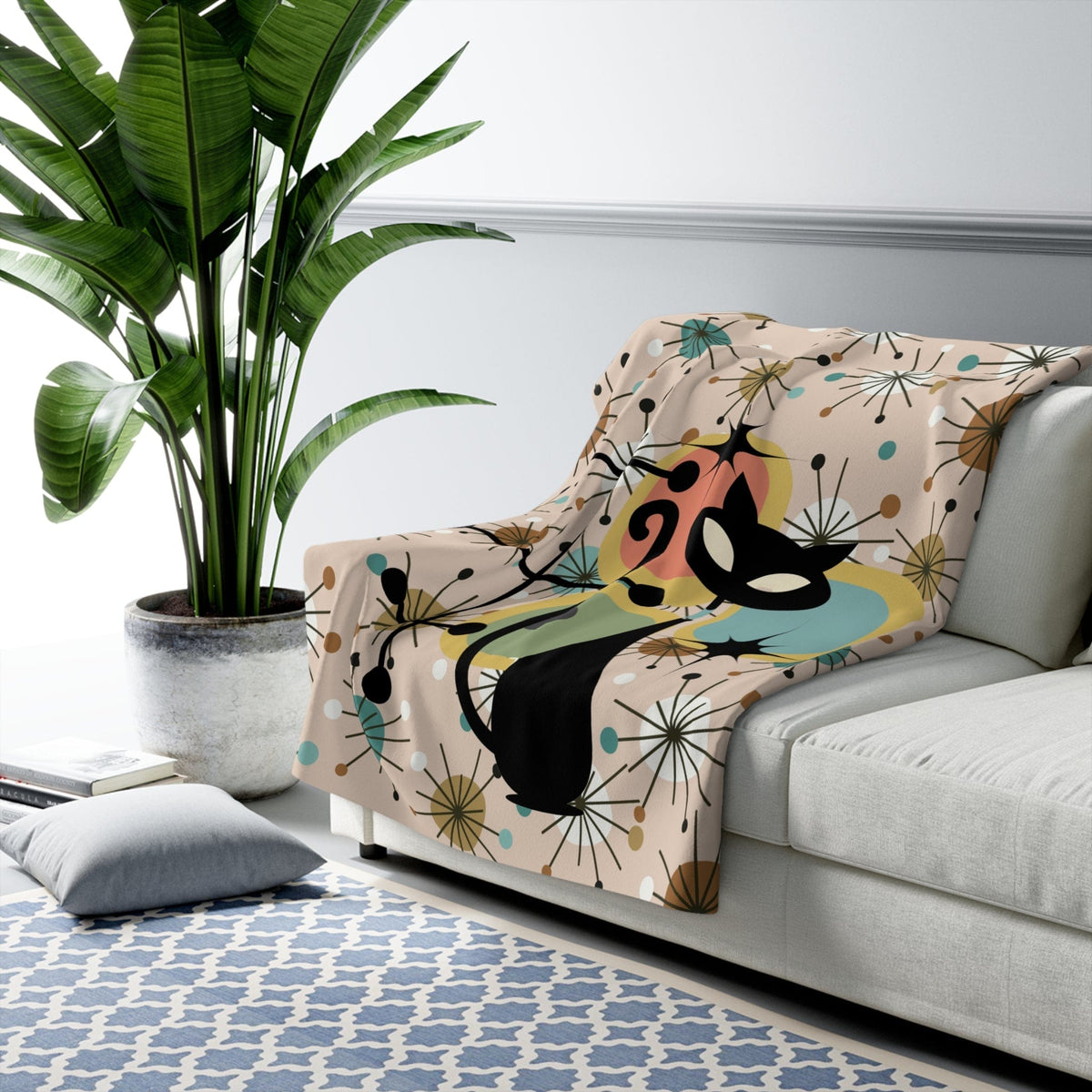 Mid Century Modern Designs, Atomic Cat, Quirky Kitsch, Atomic Starburst, Sputnik Designs, Cozy Blanket Gift For Black Cat Retro Lover Home Decor
