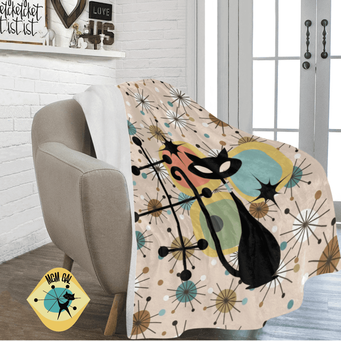 Mid Century Modern Designs, Atomic Cat, Quirky Kitsch, Atomic Starburst, Sputnik Designs, Cozy Blanket Gift For Black Cat Retro Lover Home Decor