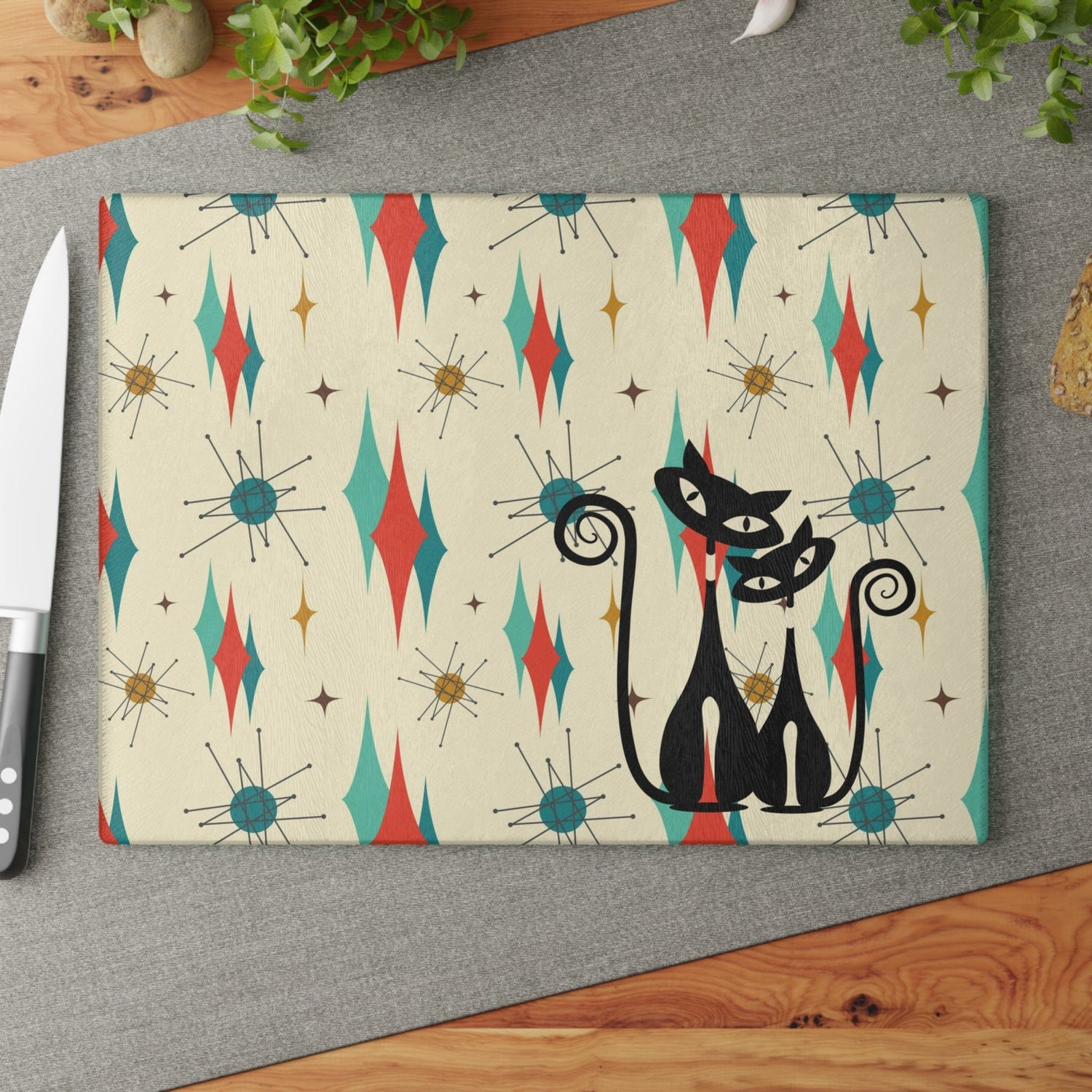 Mid Century Modern Franciscan Starburst, Cool Cats, Retro Couple, Anniversary, Housewarming, Wedding Gift Glass Cutting Board Home Decor