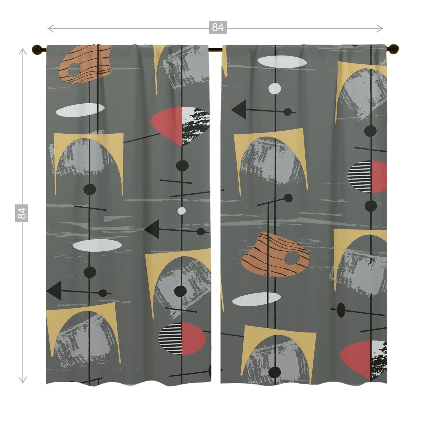 Mid Century Modern, Geometric, Abstract, Slate Gray, Mustard Yellow, Retro Window Curtains (two panels) Curtains