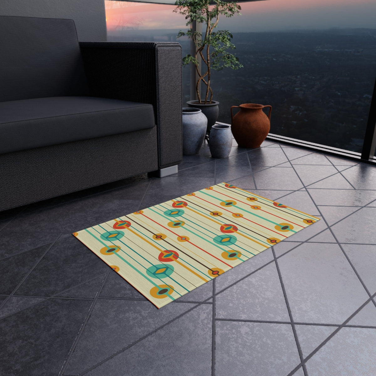 Mid Century Modern Geometric, MCM Indoor, Outdoor Rug, Teal, Aqua, Burnt Orange, Mustard Yellow,  California, Florida Patio Rug Home Decor