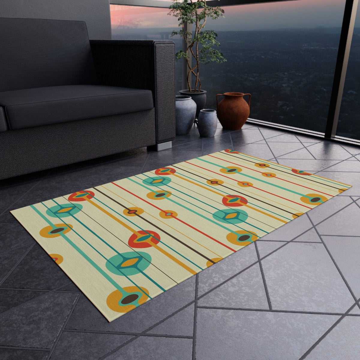 Mid Century Modern Geometric, MCM Indoor, Outdoor Rug, Teal, Aqua, Burnt Orange, Mustard Yellow,  California, Florida Patio Rug Home Decor
