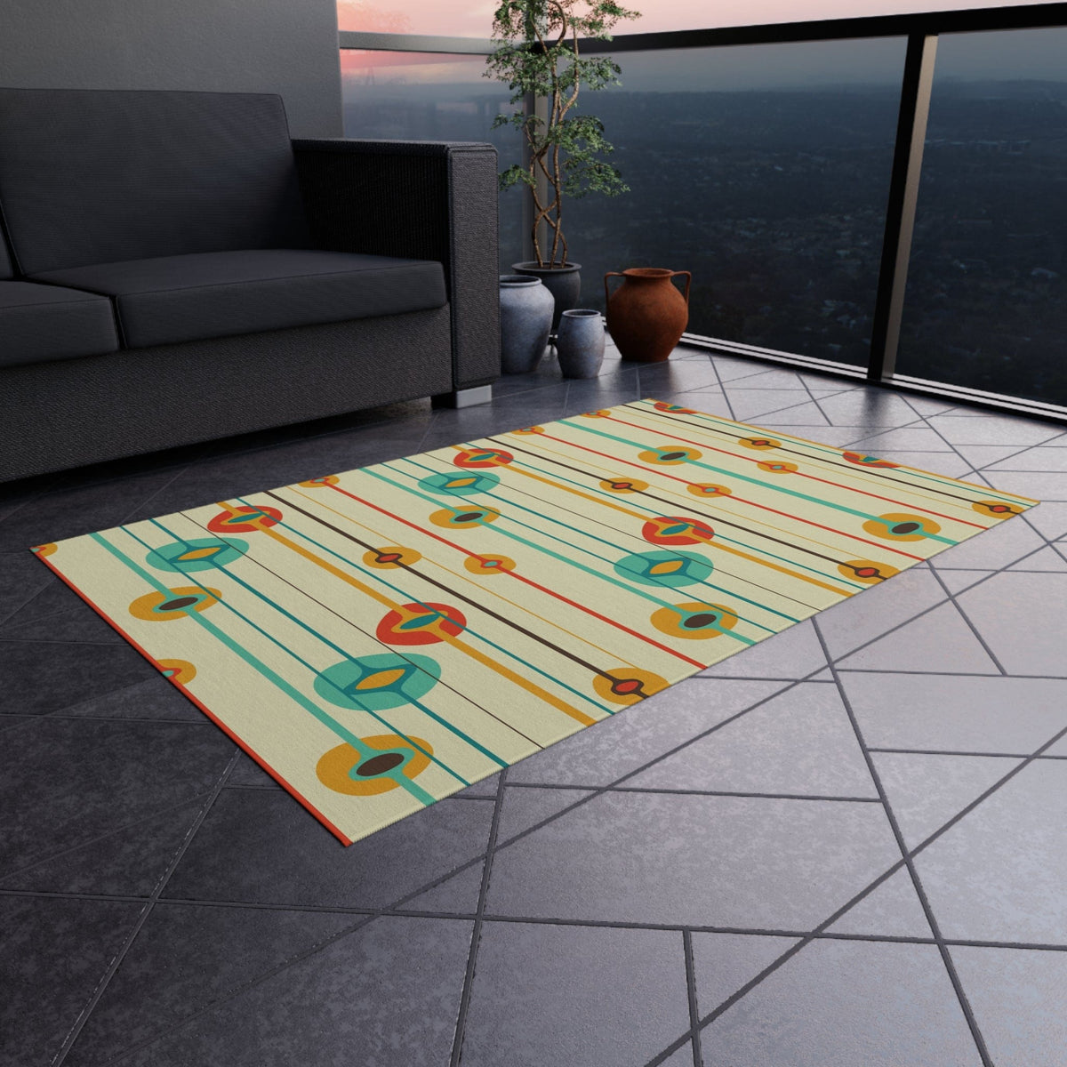 Mid Century Modern Geometric, MCM Indoor, Outdoor Rug, Teal, Aqua, Burnt Orange, Mustard Yellow,  California, Florida Patio Rug Home Decor