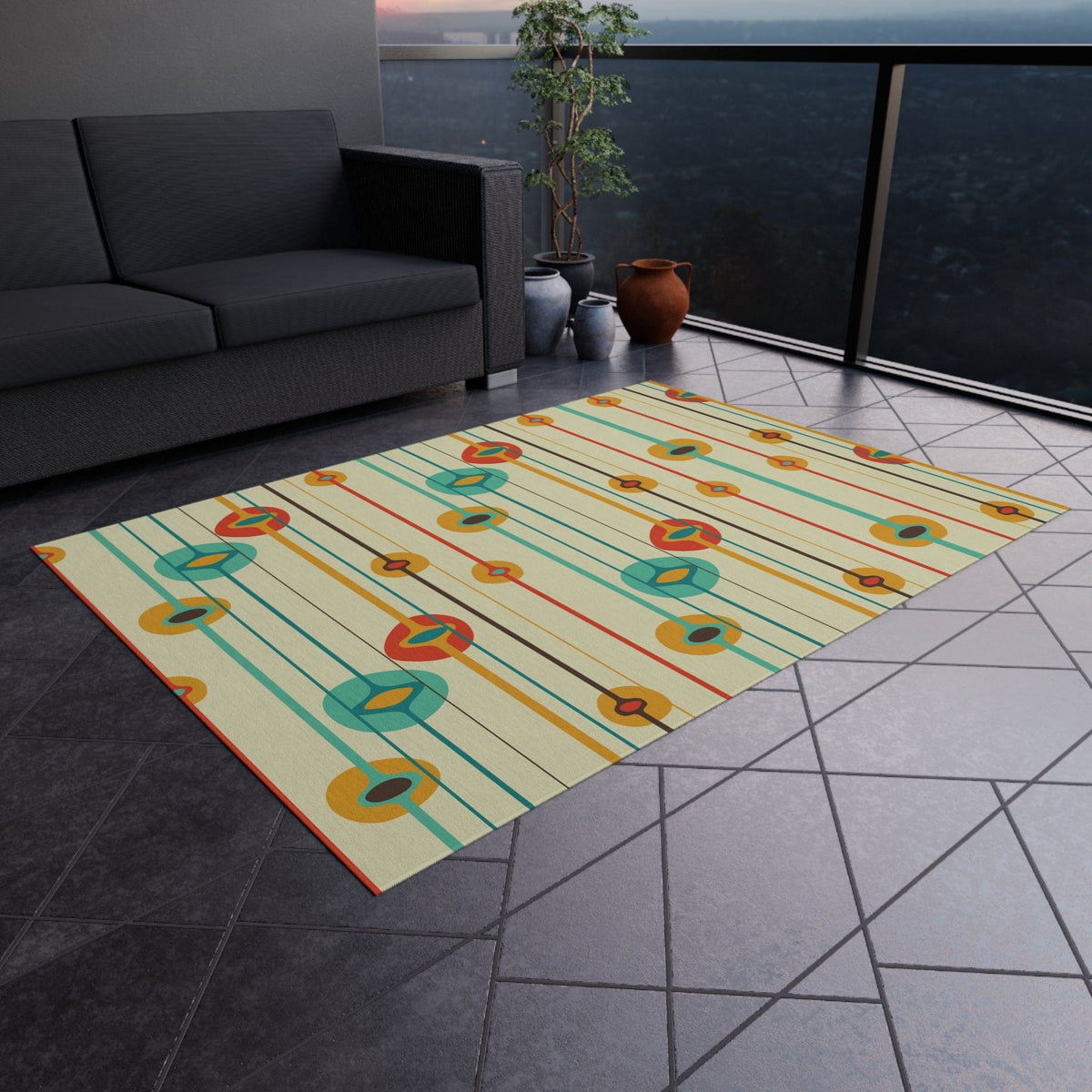 Mid Century Modern Geometric, MCM Indoor, Outdoor Rug, Teal, Aqua, Burnt Orange, Mustard Yellow,  California, Florida Patio Rug Home Decor