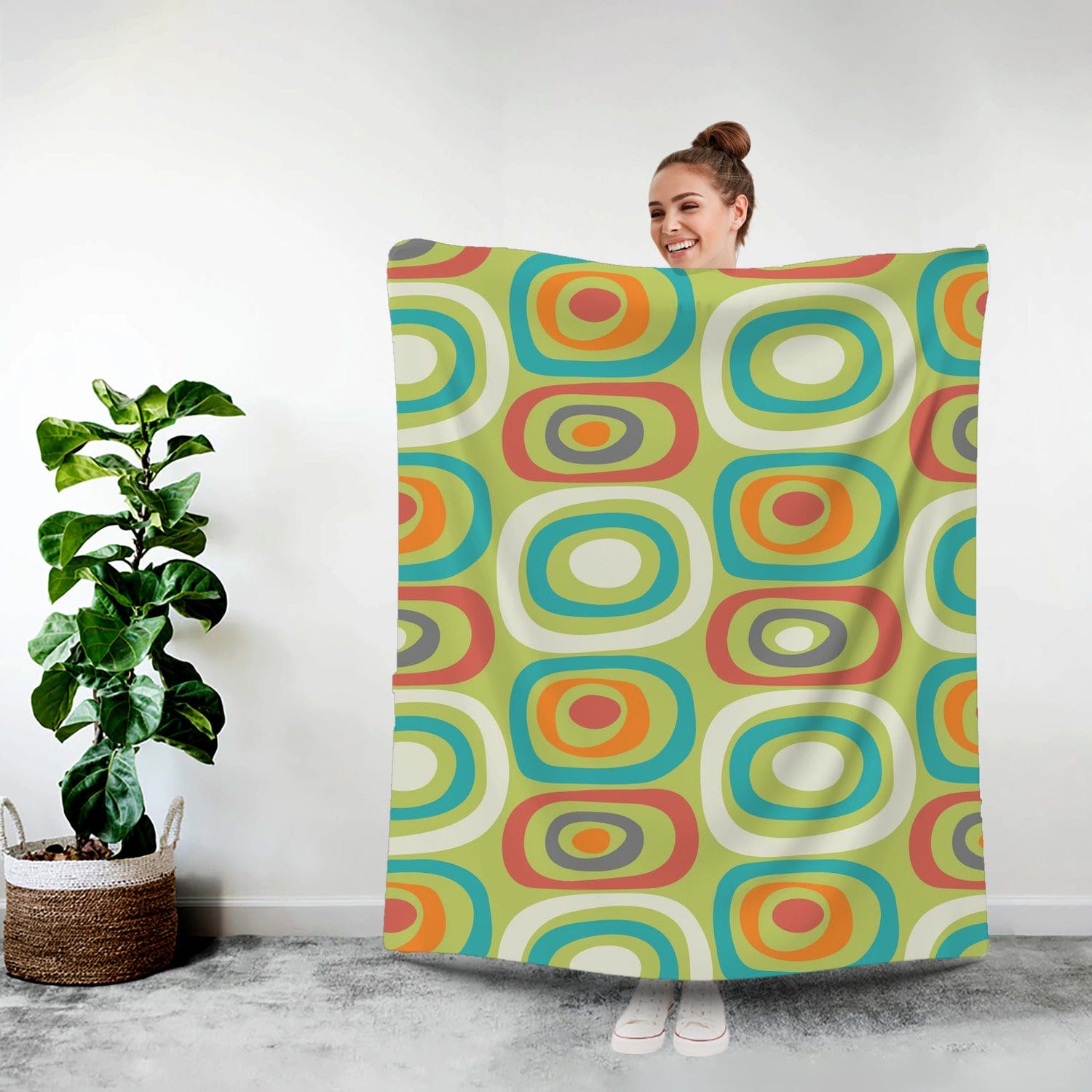 Mid Century Modern, Geometric Mod Green, Orange, Teal, Funky Fun Minky Blanket Blankets