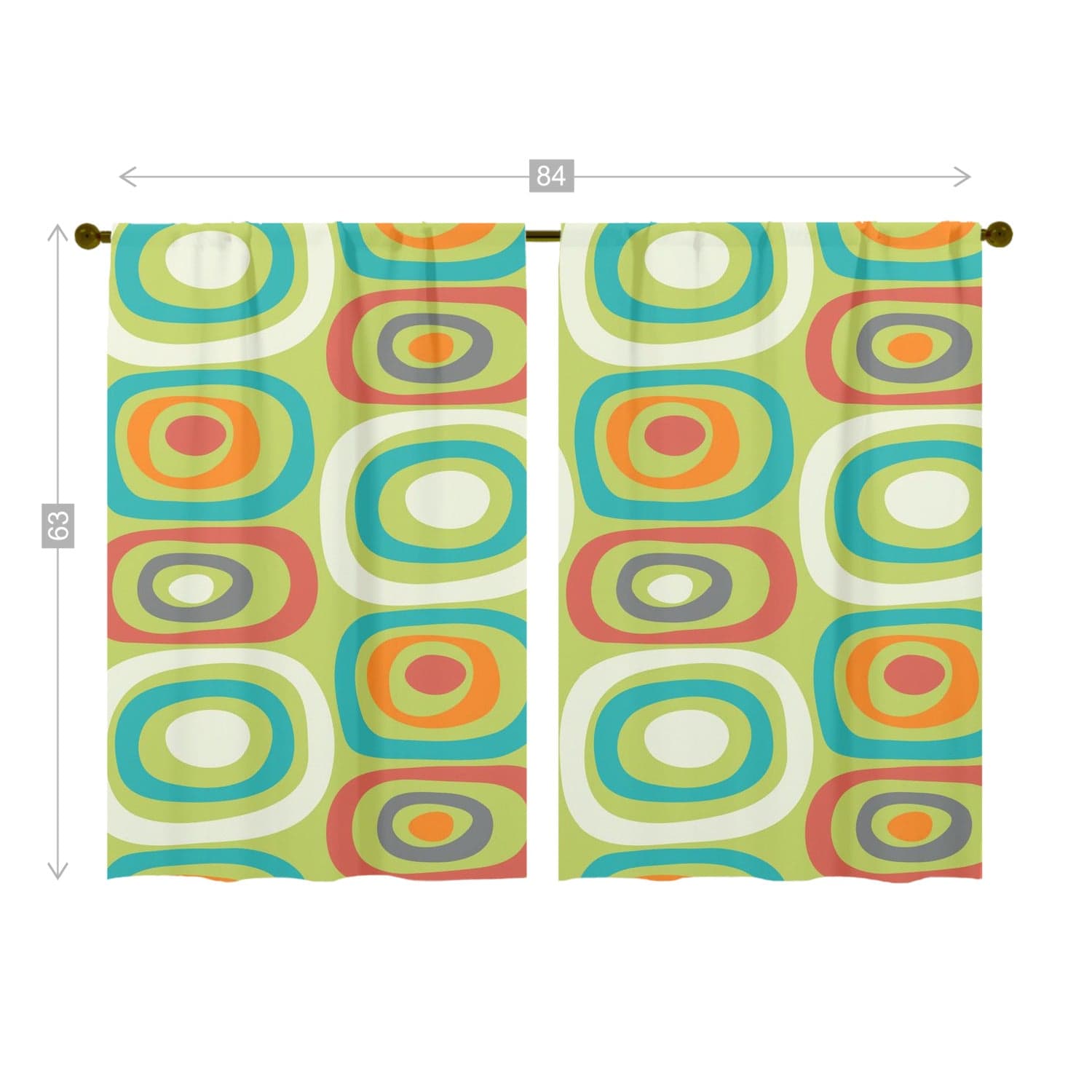 Mid Century Modern, Geometric Mod Green, Orange, Teal, Funky Fun Window Curtains (two panels) Curtains