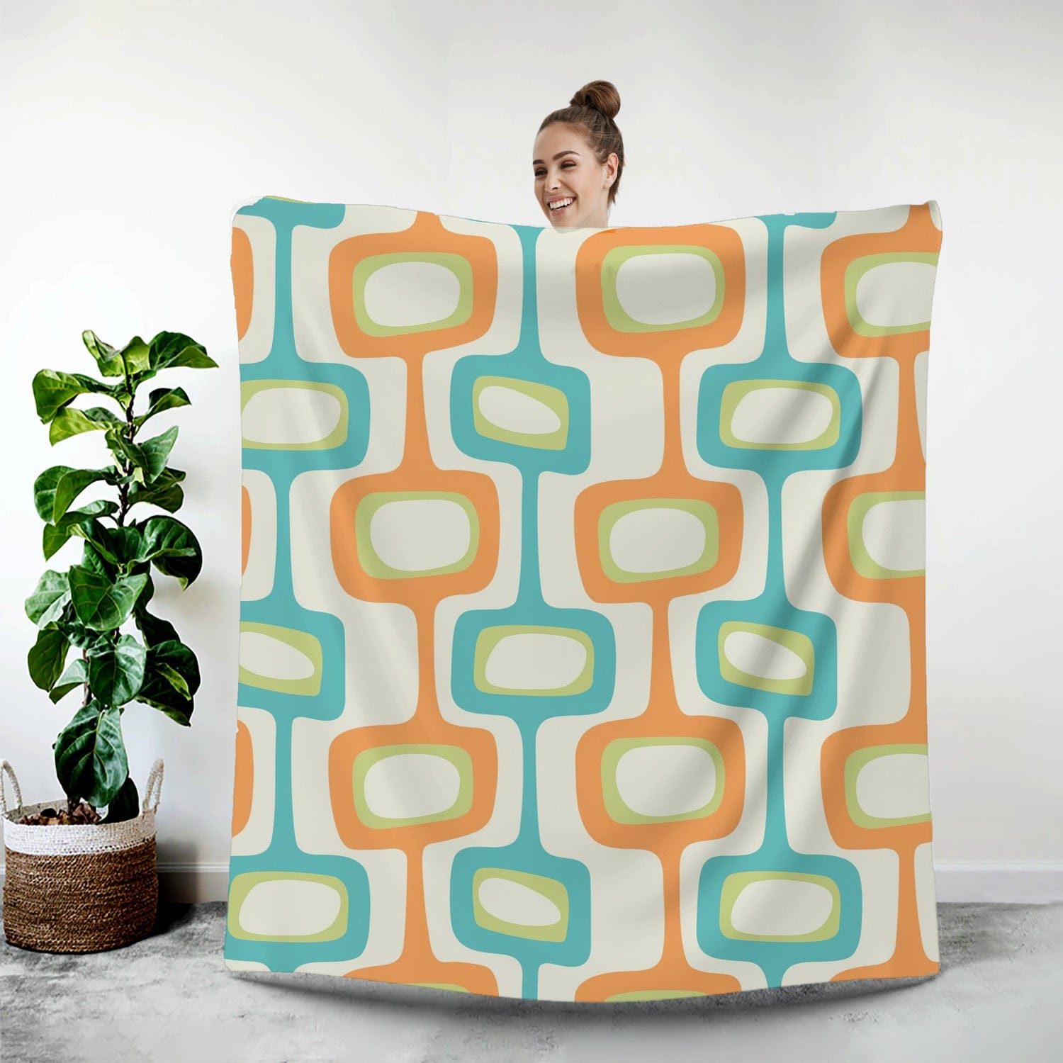 Mid Century Modern Geometric Retro Orange Teal Green Minky Blanket 7661357498523