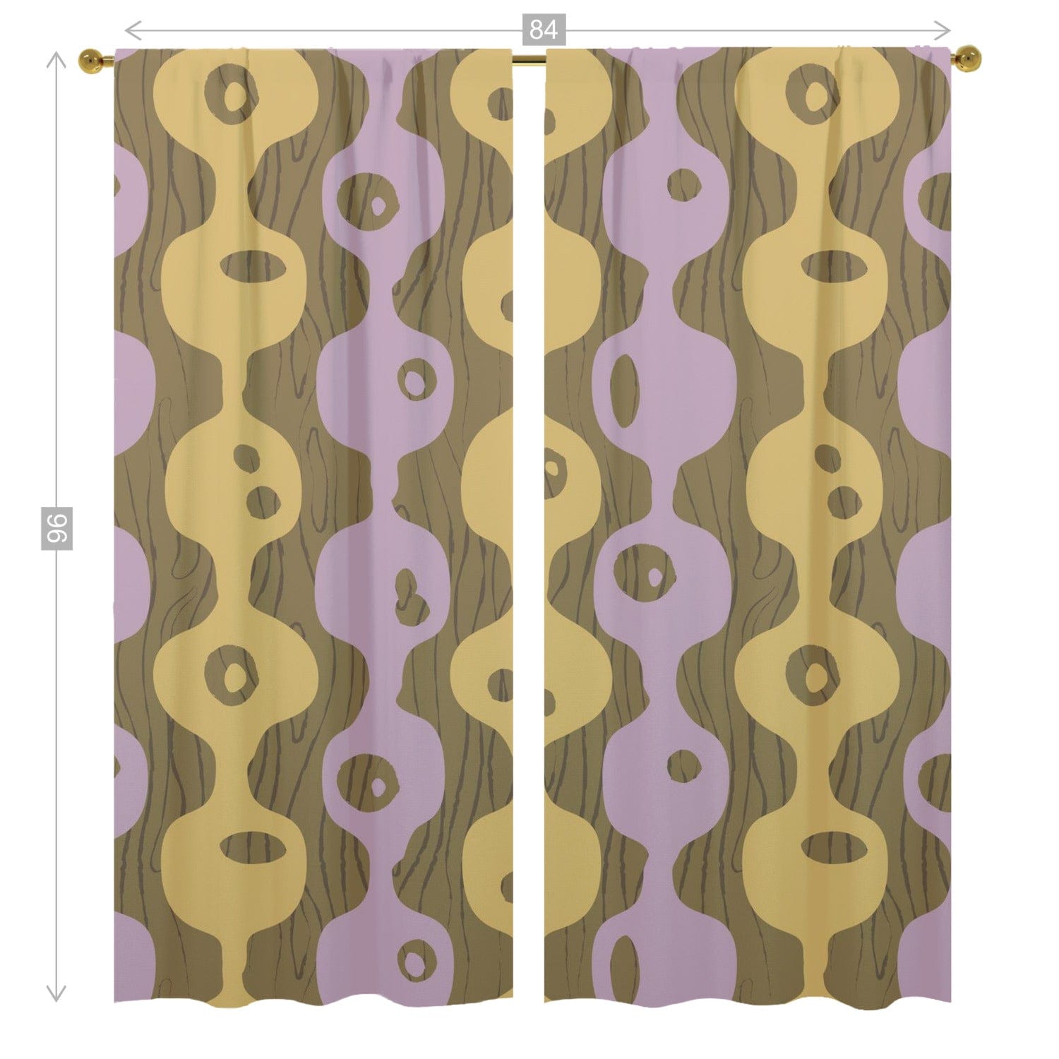 Mid Century Modern Googie, Brown, Periwinkle Purple, Mustard Yellow Groovy Window Curtains (two panels) Curtains