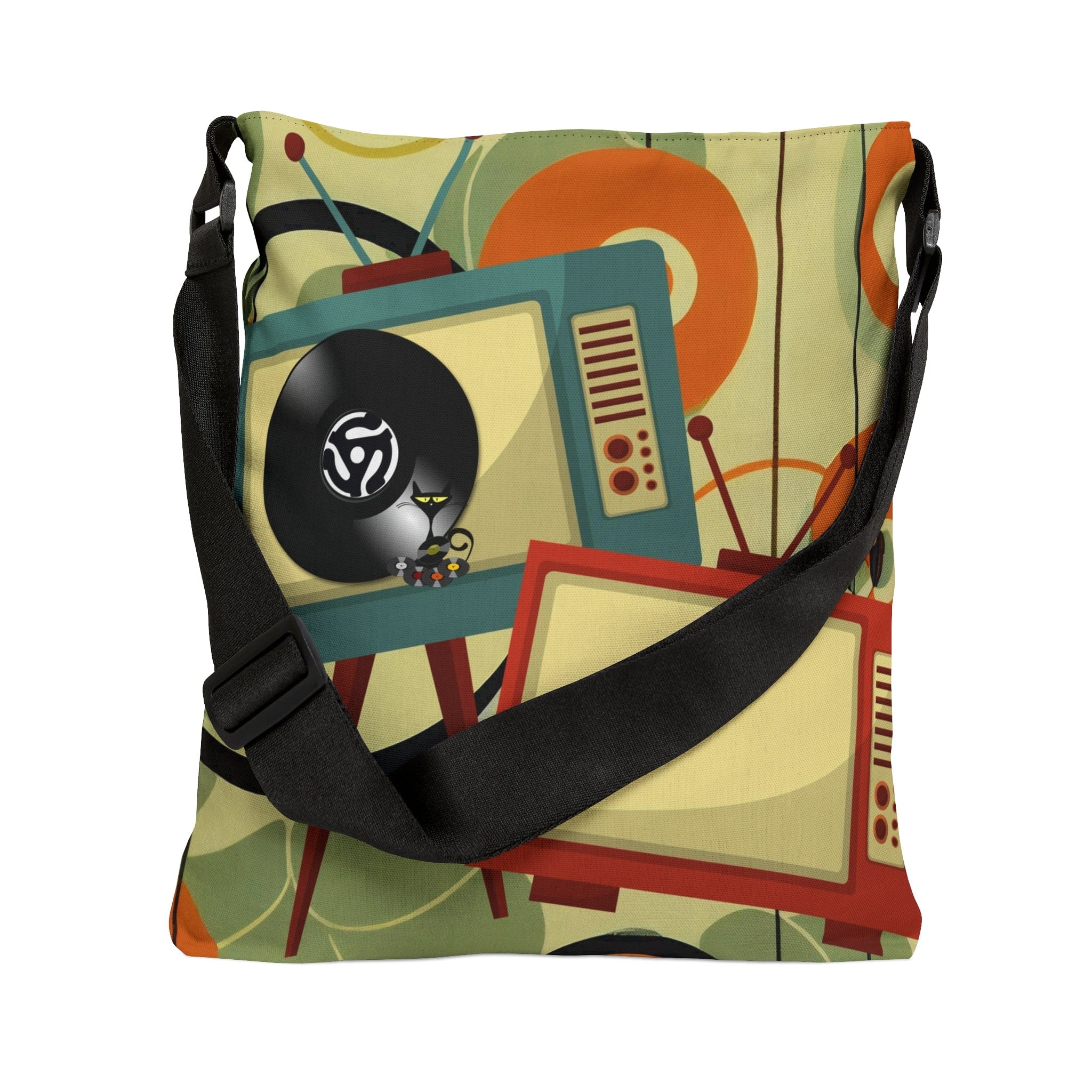 Mid Century Modern, Groovy Cat, Vinyl, Retro TV Funky Fun, Adjustable Tote Bag Bags