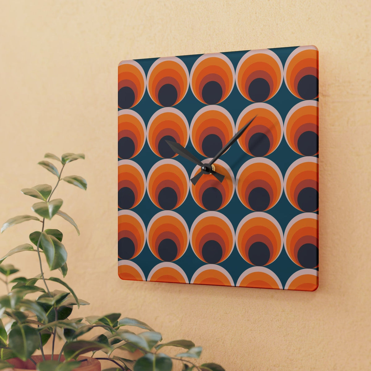 Mid Century Modern Groovy Orange, Navy Blue, Retro Style Acrylic Wall Clock Home Decor