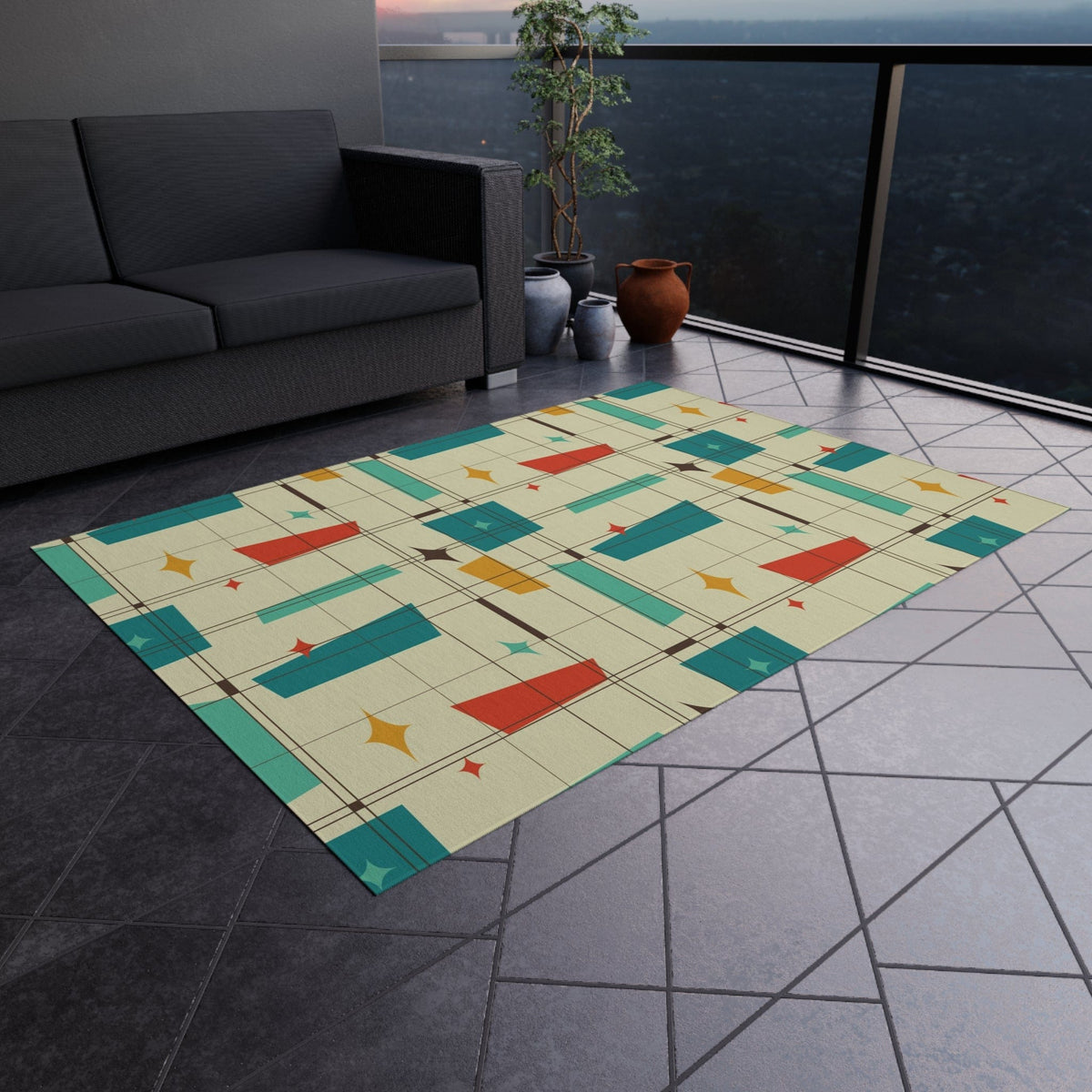 Mid Century Modern, Indoor, Outdoor Rug, Geometric Squares, Mid Mod Palm Spring Cali Home Decor Home Decor