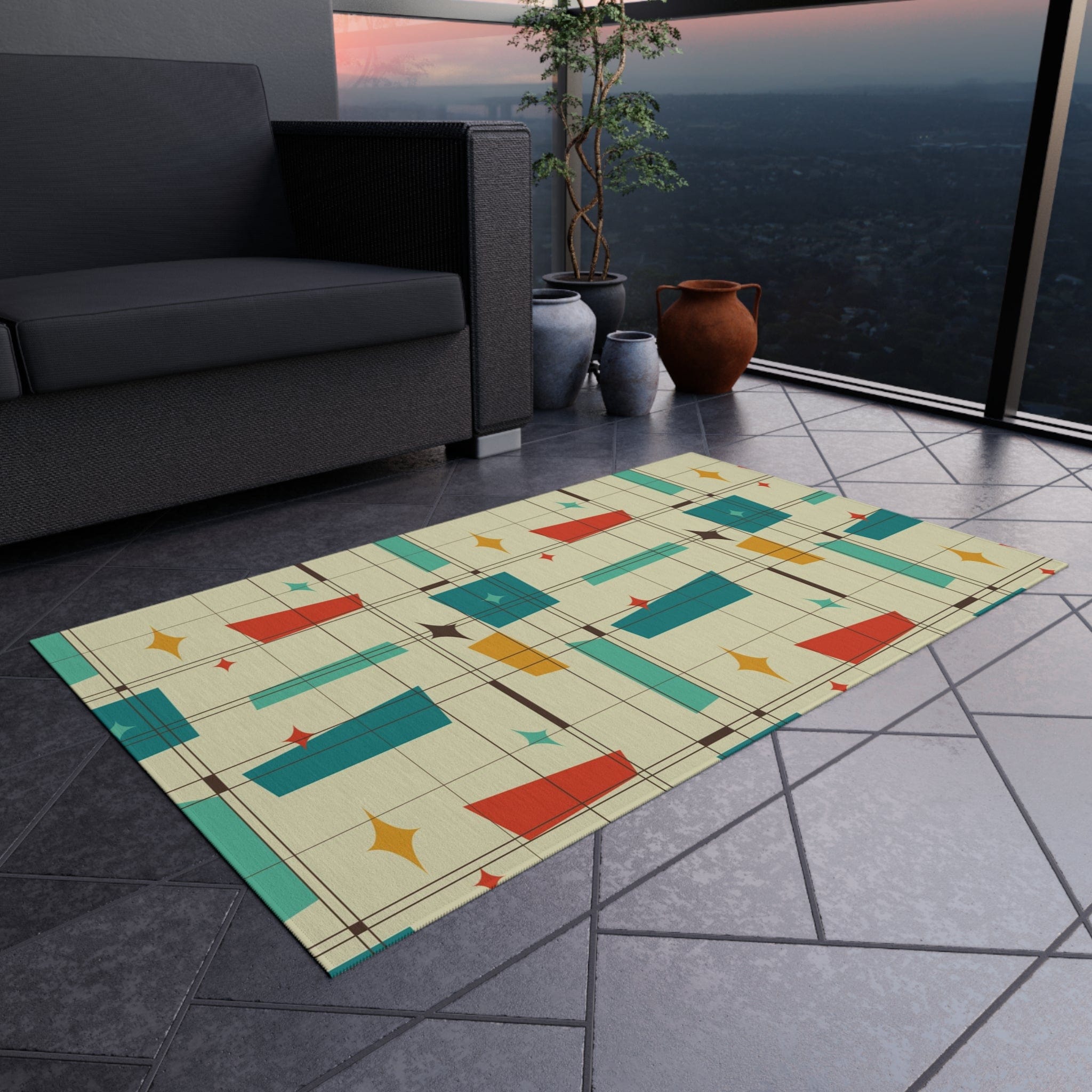 Mid Century Modern, Indoor, Outdoor Rug, Geometric Squares, Mid Mod Palm Spring Cali Home Decor Home Decor