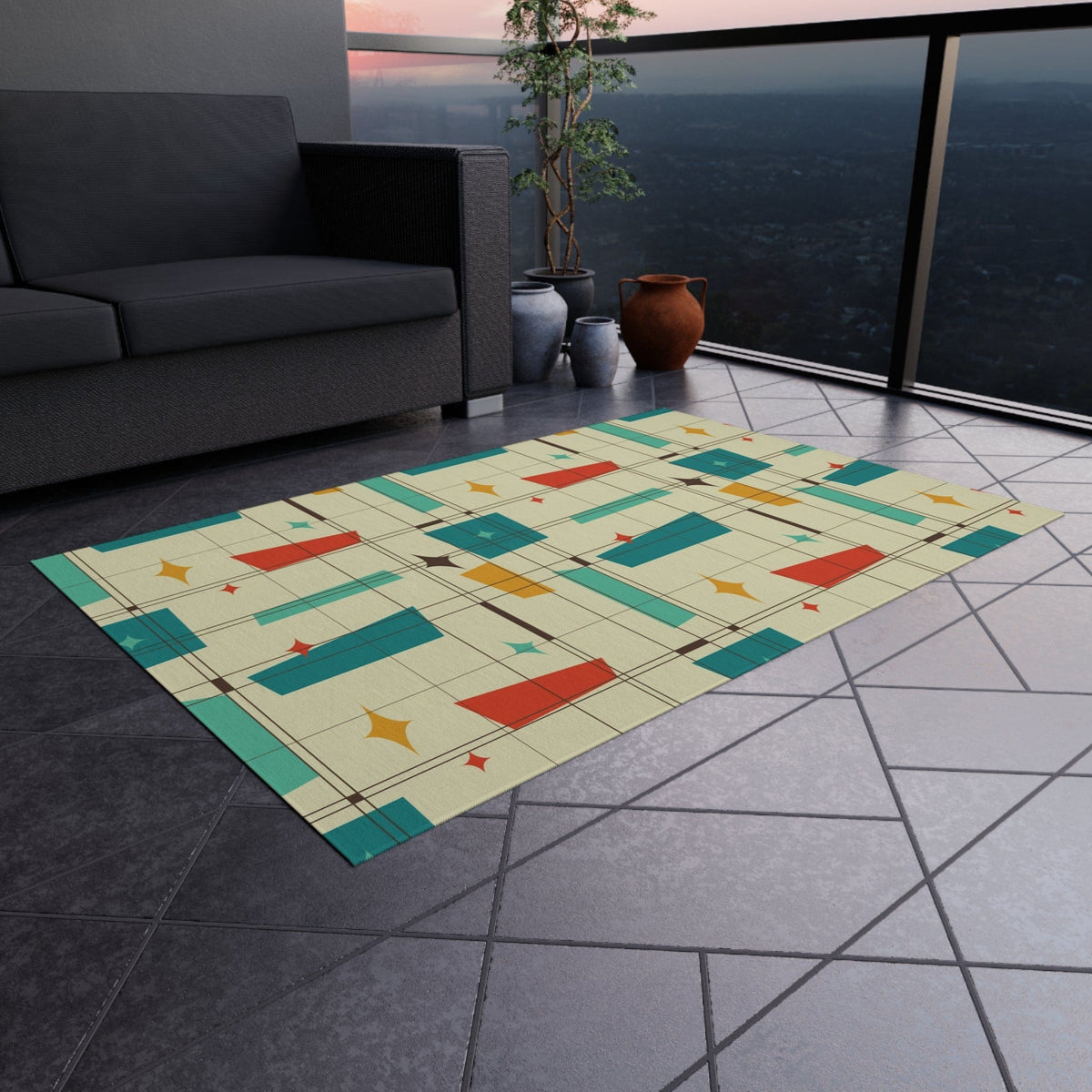 Mid Century Modern, Indoor, Outdoor Rug, Geometric Squares, Mid Mod Palm Spring Cali Home Decor Home Decor