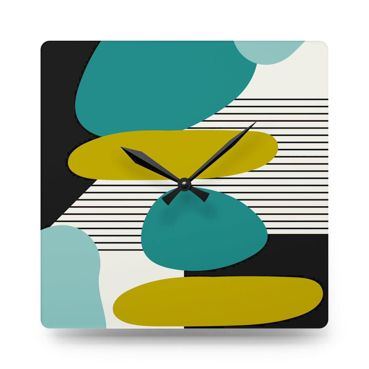 Mid Century Modern, Minimalist Geometric Green, Teal, Black Abstract Acrylic Wall Clock Home Decor