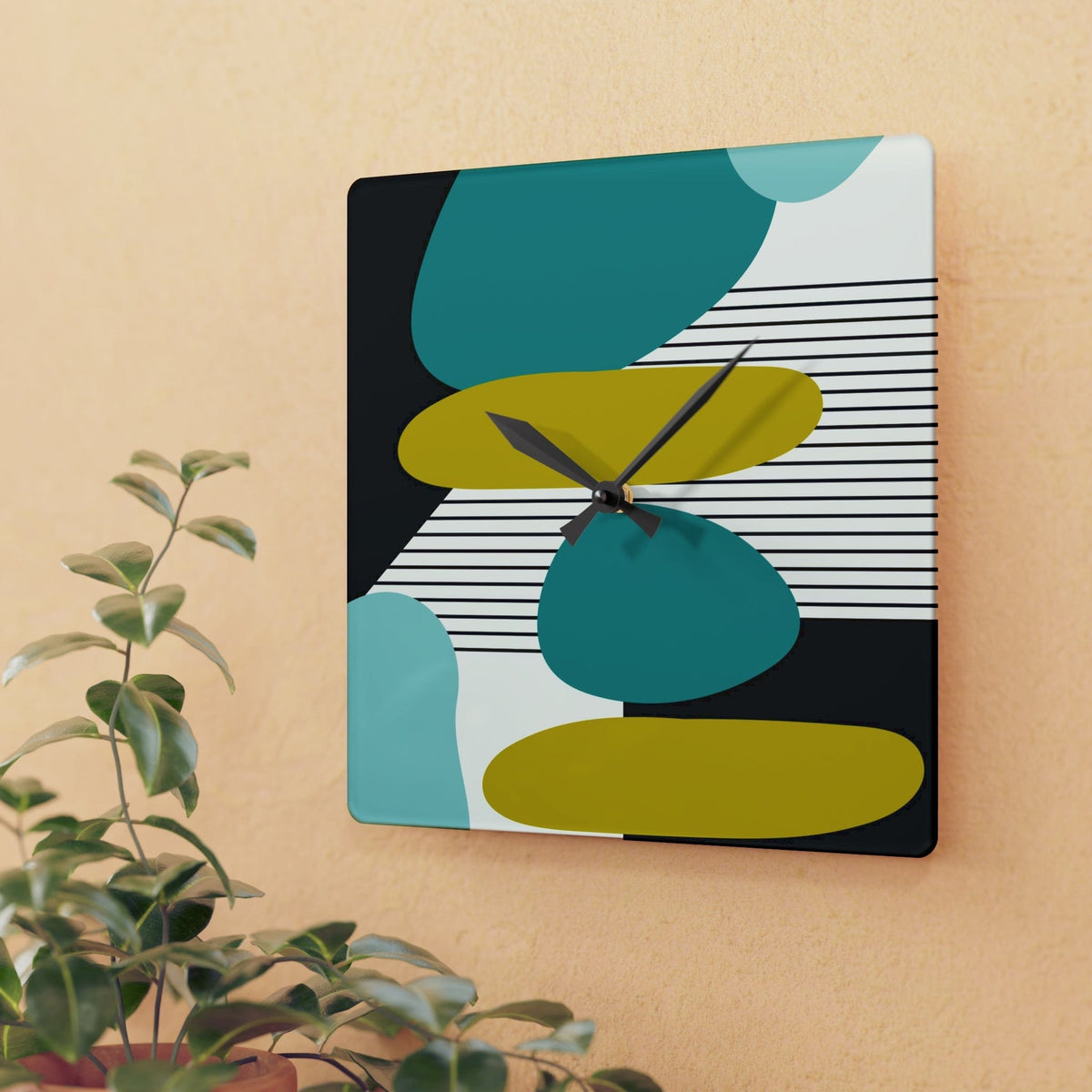 Mid Century Modern, Minimalist Geometric Green, Teal, Black Abstract Acrylic Wall Clock Home Decor