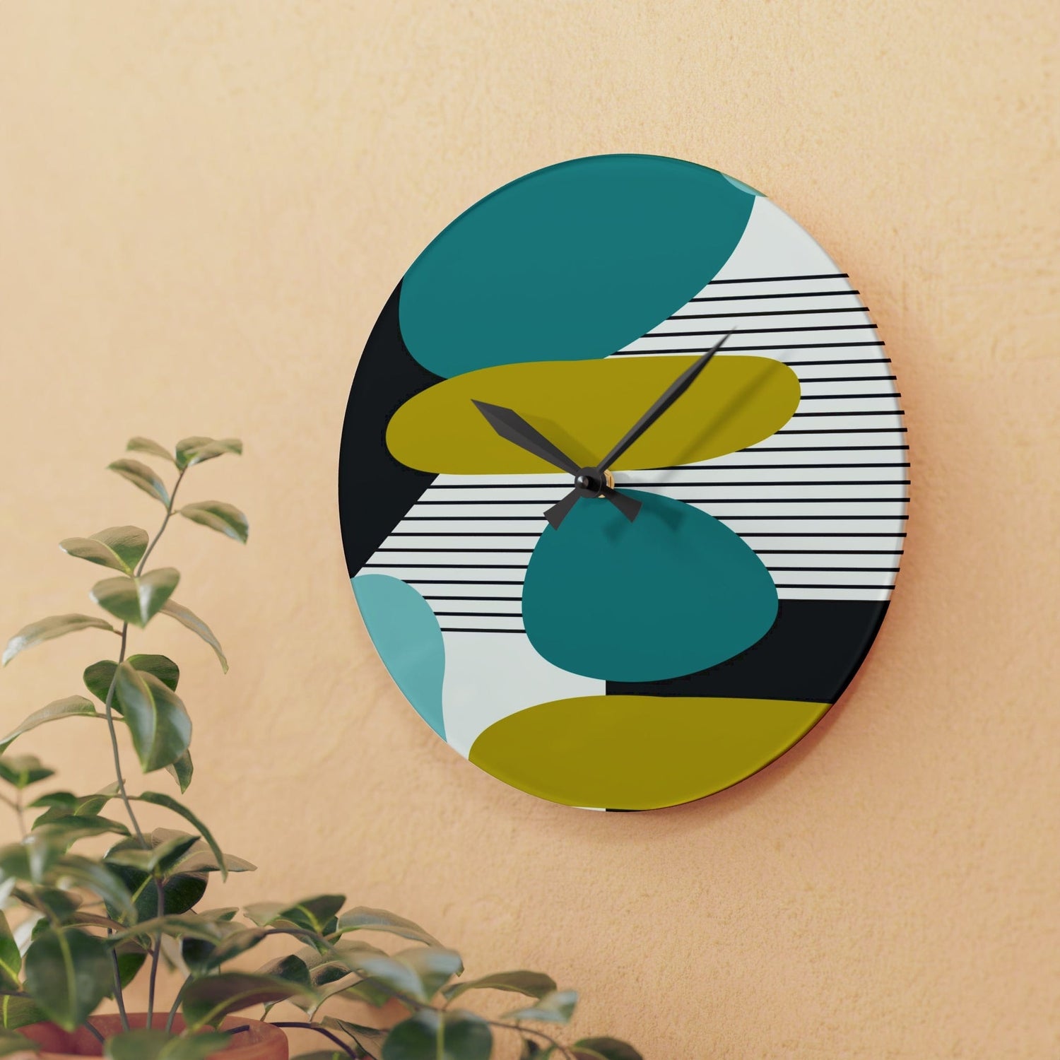 Mid Century Modern, Minimalist Geometric Green, Teal, Black Abstract Acrylic Wall Clock Home Decor