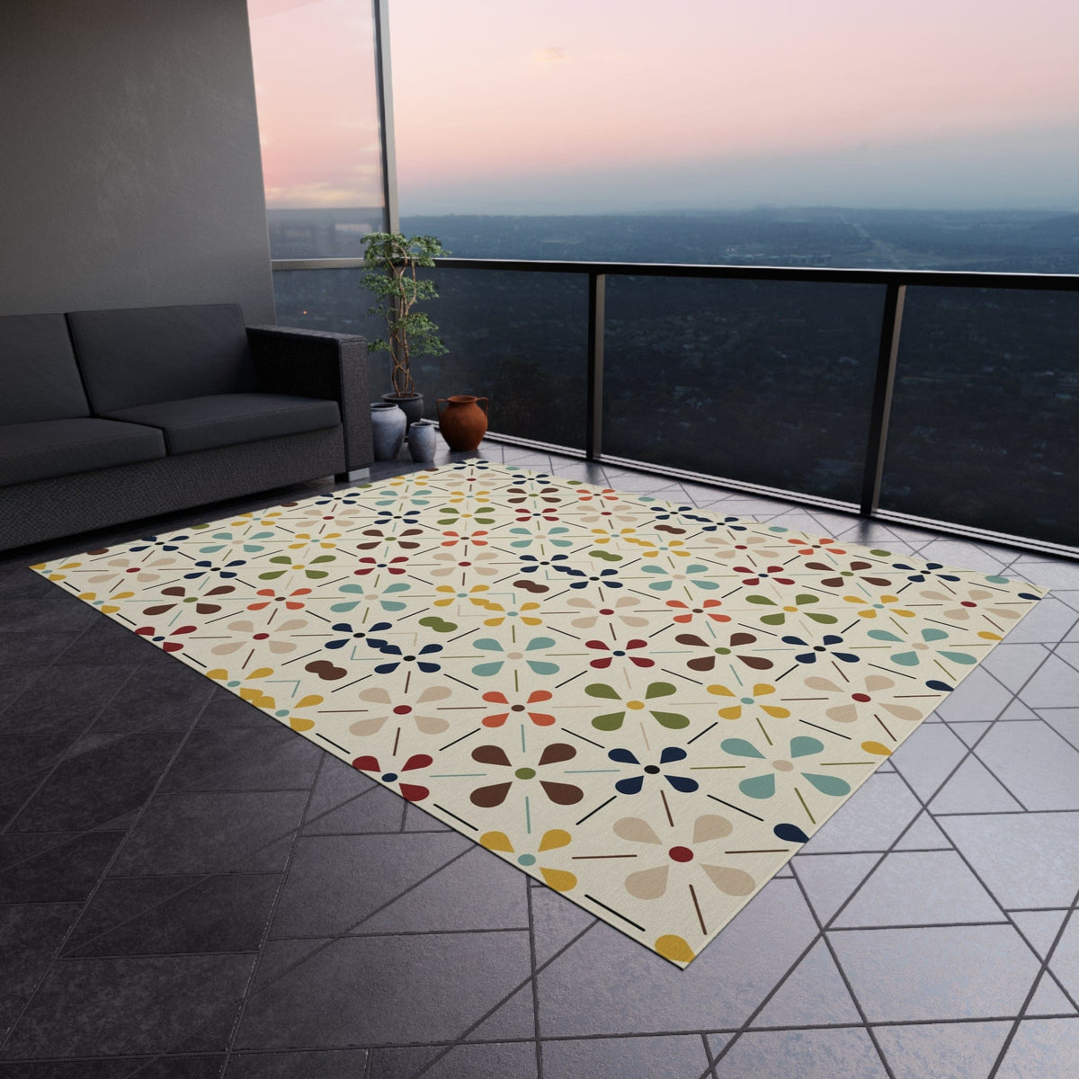 Mid Century Modern Scandinavian Flower, Mid Mod Retro Beige, Green, Aqua, Green, Orange, Indoor-Outdoor Rug Home Decor