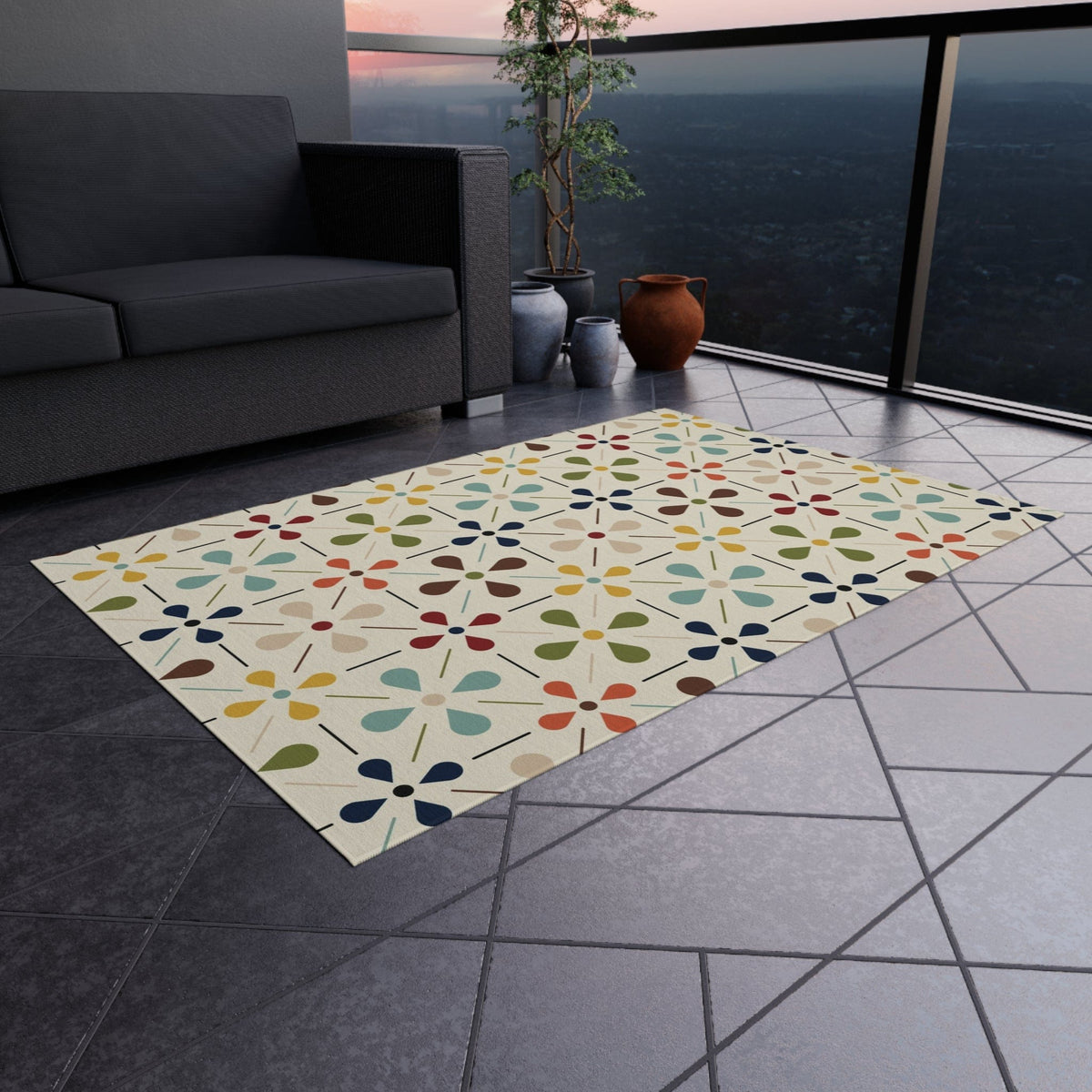 Mid Century Modern Scandinavian Flower, Mid Mod Retro Beige, Green, Aqua, Green, Orange, Indoor-Outdoor Rug Home Decor