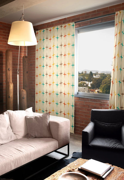 Mid Century Modern Starburst, Beige Aqua, Mustard Yellow, Burnt Orange MCM, Mid Mod Curtain - Mid Century Modern Gal