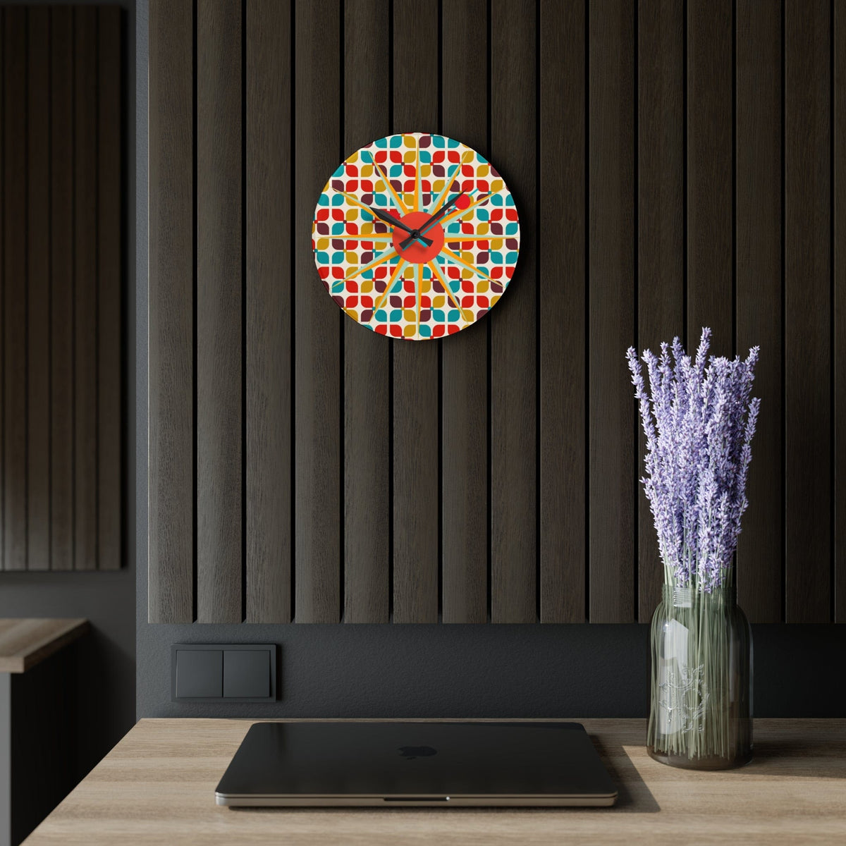 Mid Century Modern Starbust Clock, Scandinavian Retro Red, Turquoise, Mustard Yellow Geometric Designs Acrylic Wall Clock Home Decor