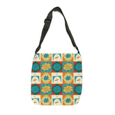 Mid Century Modern, Teal, Orange, Geometric Starburst Retro Adjustable Tote Bag Bags