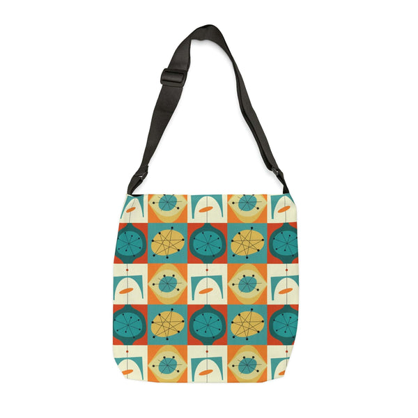 Mid Century Modern, Teal, Orange, Geometric Starburst Retro Adjustable Tote Bag