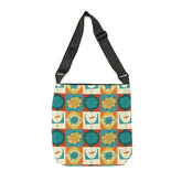 Mid Century Modern, Teal, Orange, Geometric Starburst Retro Adjustable Tote Bag Bags