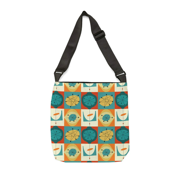 Mid Century Modern, Teal, Orange, Geometric Starburst Retro Adjustable Tote Bag