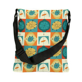 Mid Century Modern, Teal, Orange, Geometric Starburst Retro Adjustable Tote Bag Bags