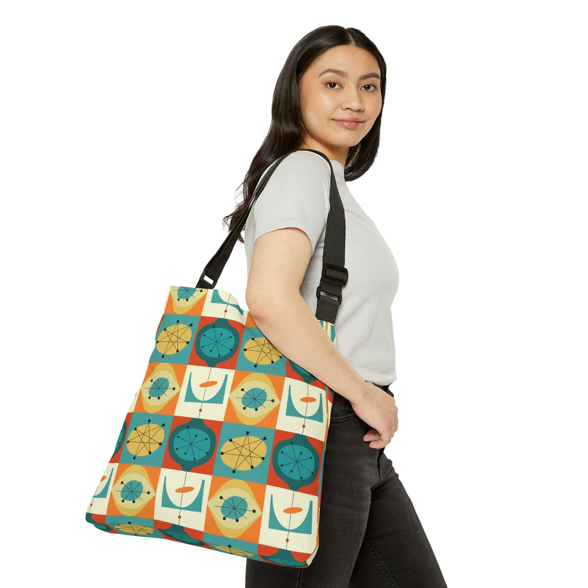 Mid Century Modern, Teal, Orange, Geometric Starburst Retro Adjustable Tote Bag Bags