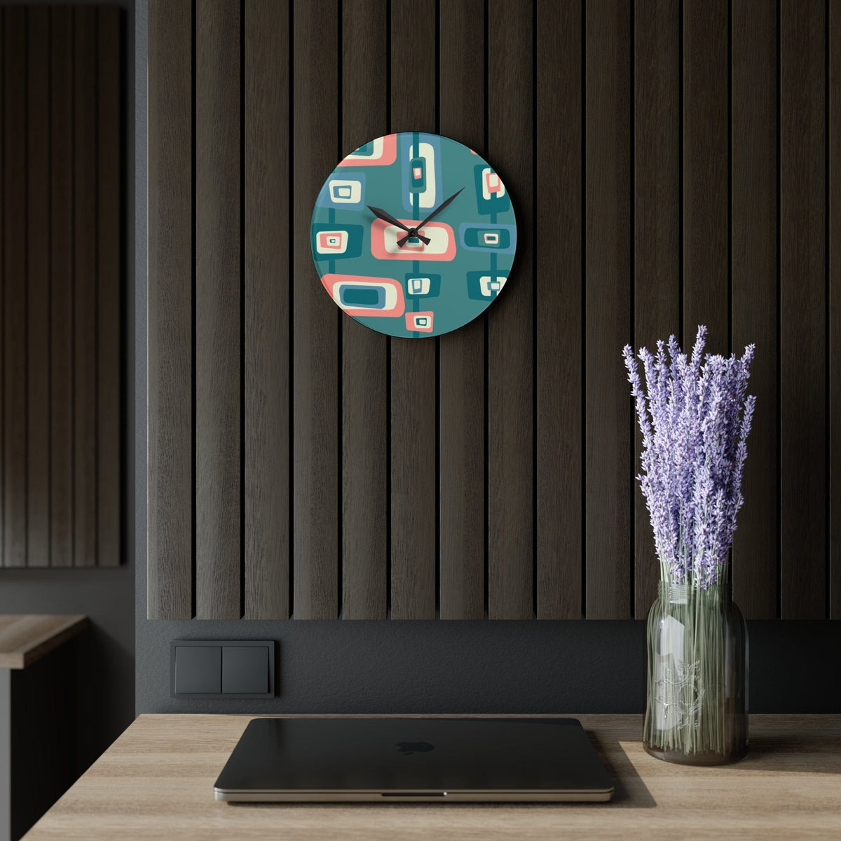 Mid Century Modern Teal, Pink, Beige Retro Geometric MCM Acrylic Wall Clock Home Decor