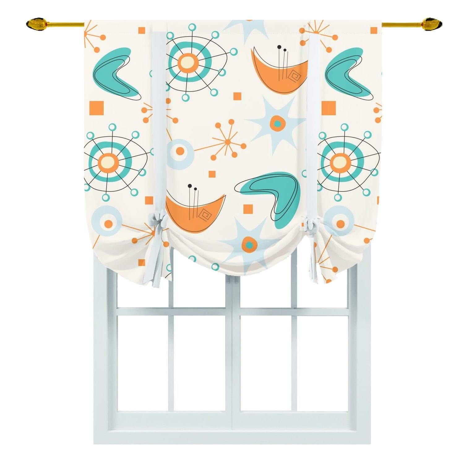 Mid Century Modern Tie Up Curtain Valancem Cheery, Orange, Aqua Boomerang And Starbursts Curtains