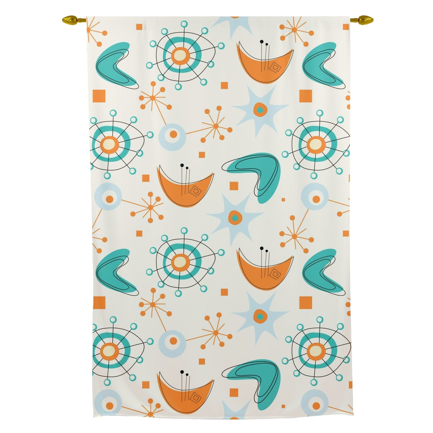 Mid Century Modern Tie Up Curtain Valancem Cheery, Orange, Aqua Boomerang And Starbursts Curtains